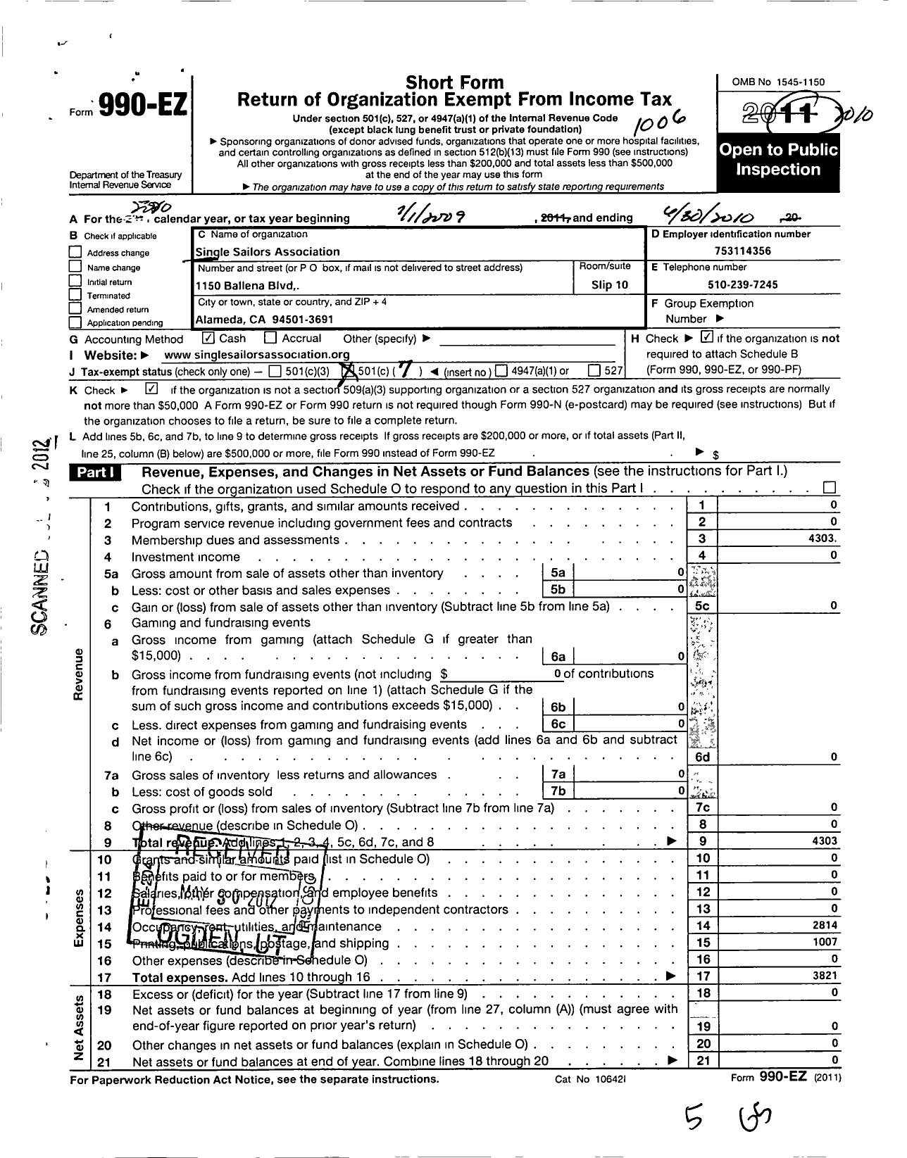 Image of first page of 2009 Form 990EO for Single Sailors Association