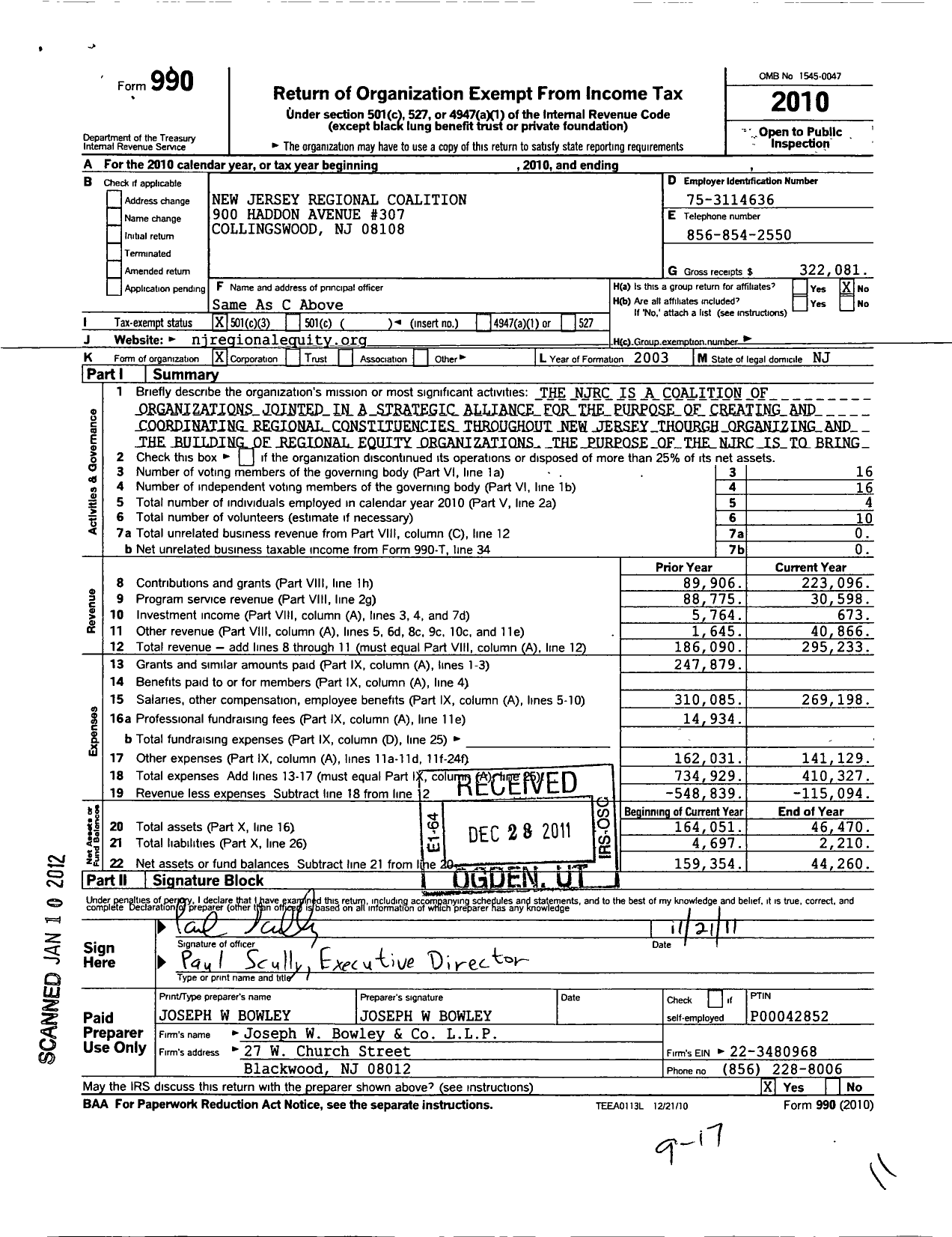Image of first page of 2010 Form 990 for New Jersey Regional Coalition Building One New Jersey