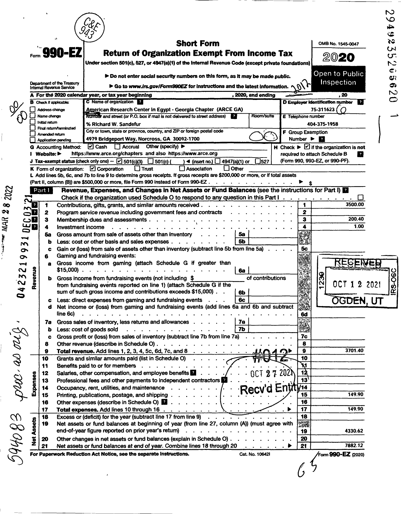 Image of first page of 2020 Form 990EO for American Research Center in Egypt - Georgia Chapter