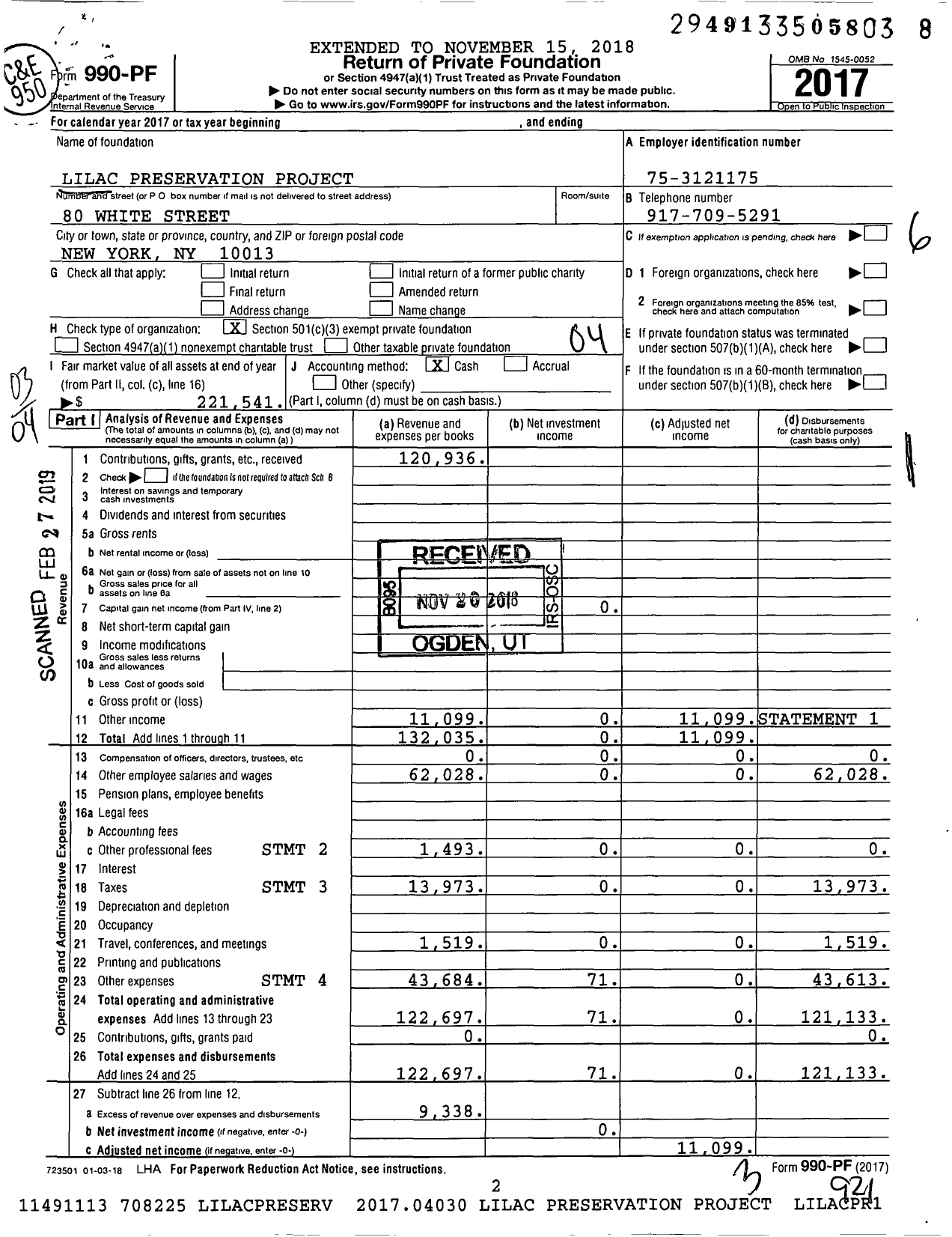 Image of first page of 2017 Form 990PF for Lilac Preservation Project