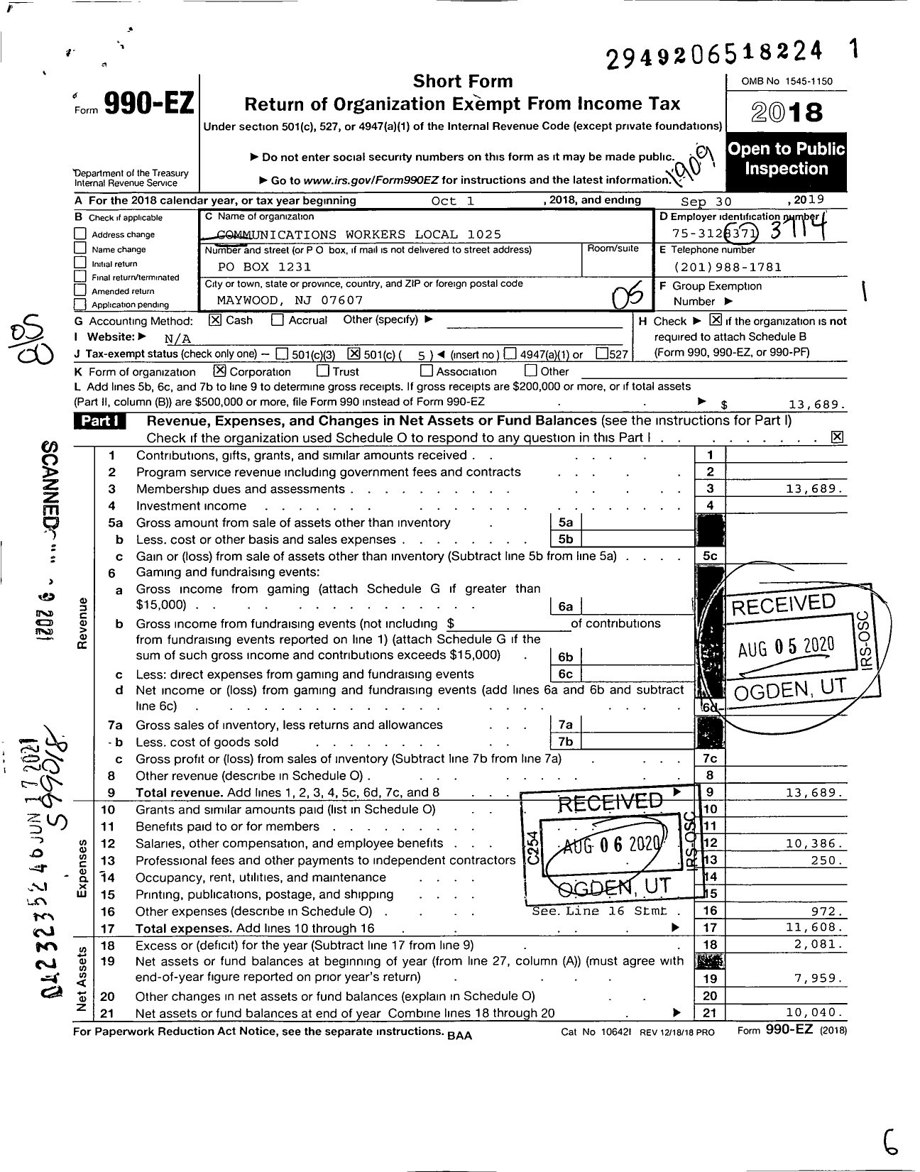 Image of first page of 2018 Form 990EO for Communications Workers of America - 1025 Local Cwa