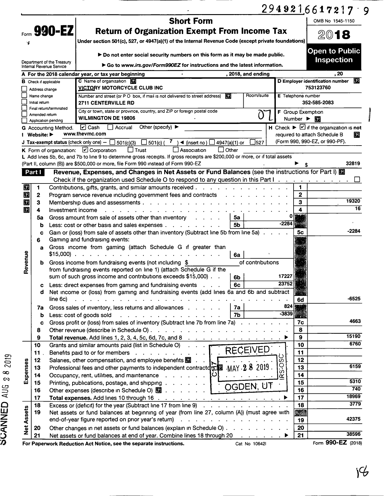 Image of first page of 2018 Form 990EO for Victory Motorcycle Club