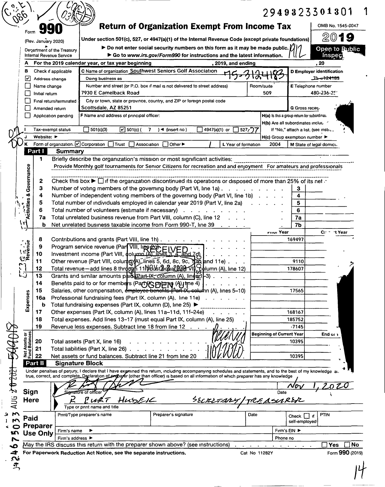 Image of first page of 2019 Form 990O for Southwest Seniors Golf Association