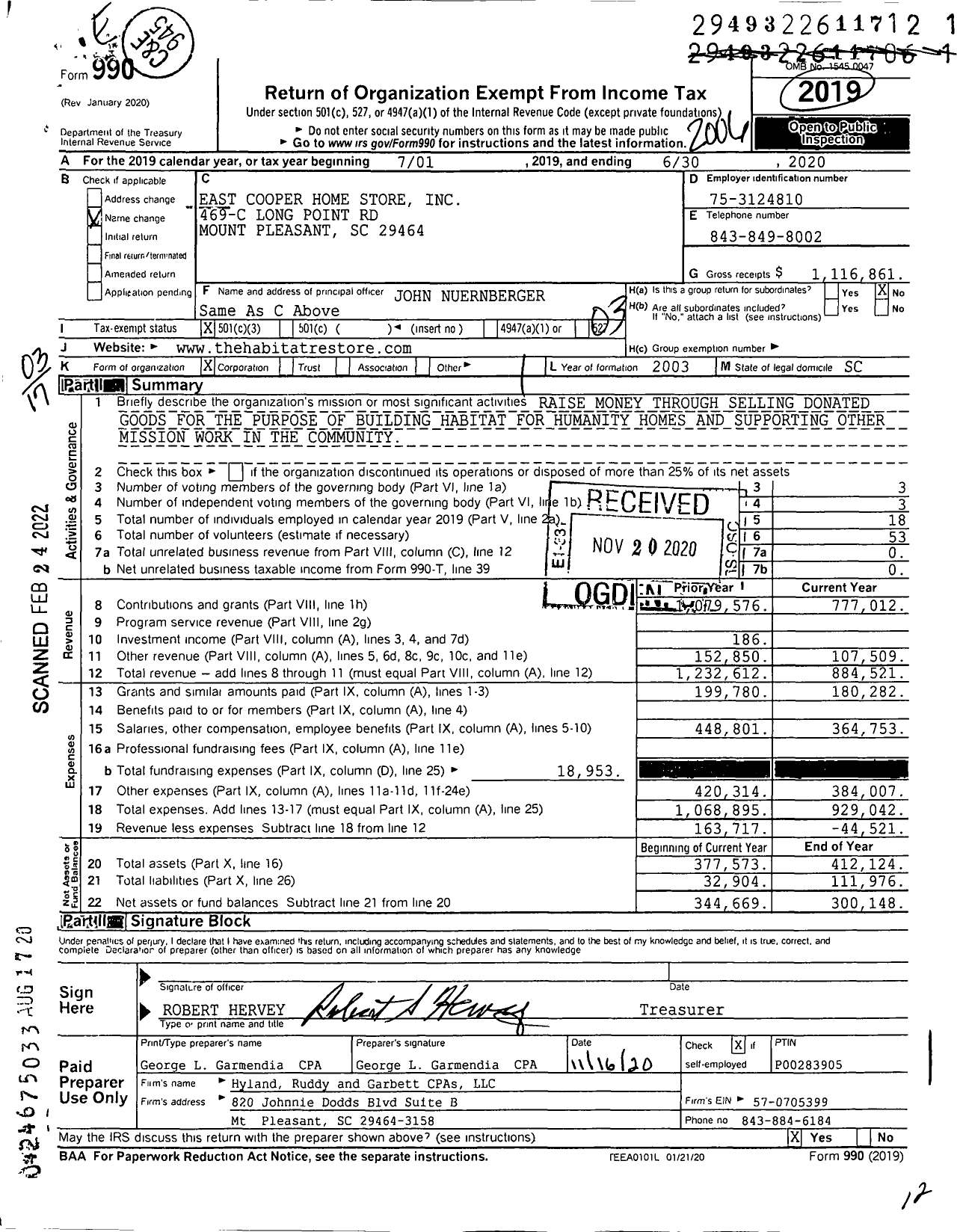 Image of first page of 2019 Form 990 for East Cooper Home Store