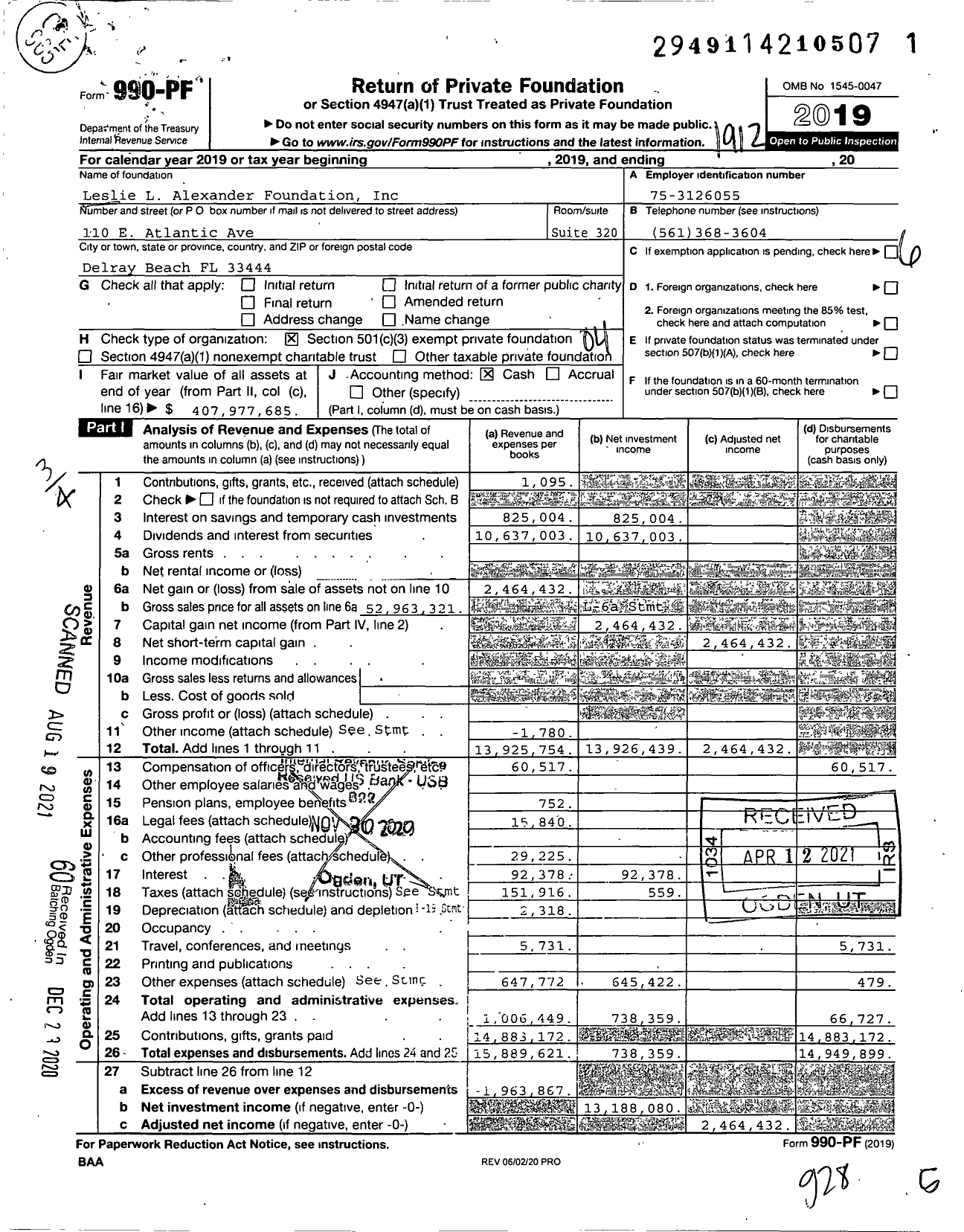 Image of first page of 2019 Form 990PF for Leslie L Alexander Foundation