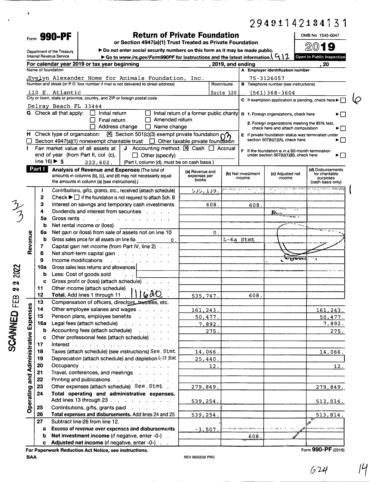 Image of first page of 2019 Form 990PF for Evelyn Alexander Home for Animals Foundation