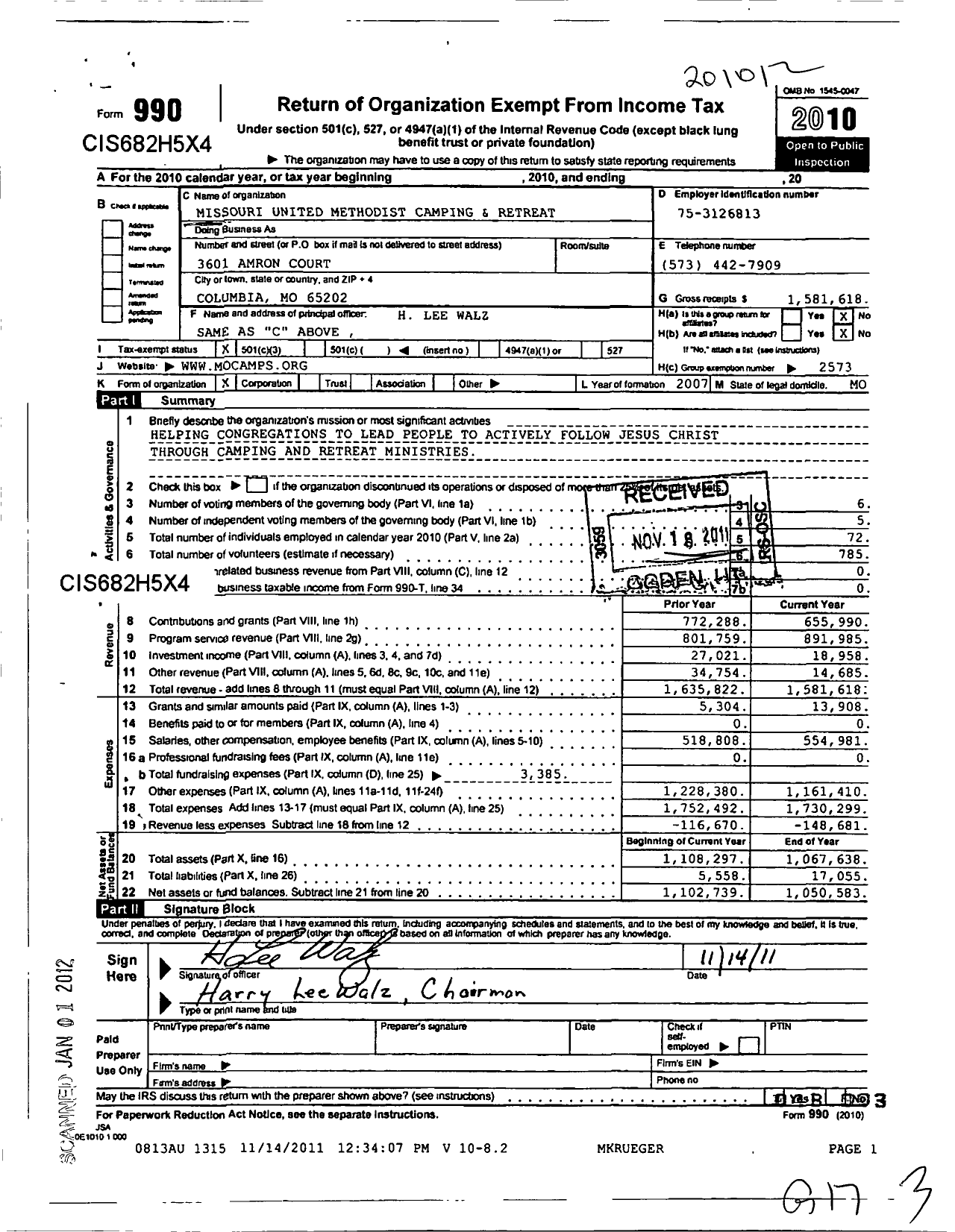 Image of first page of 2010 Form 990 for Missouri United Methodist Camping and Retreat