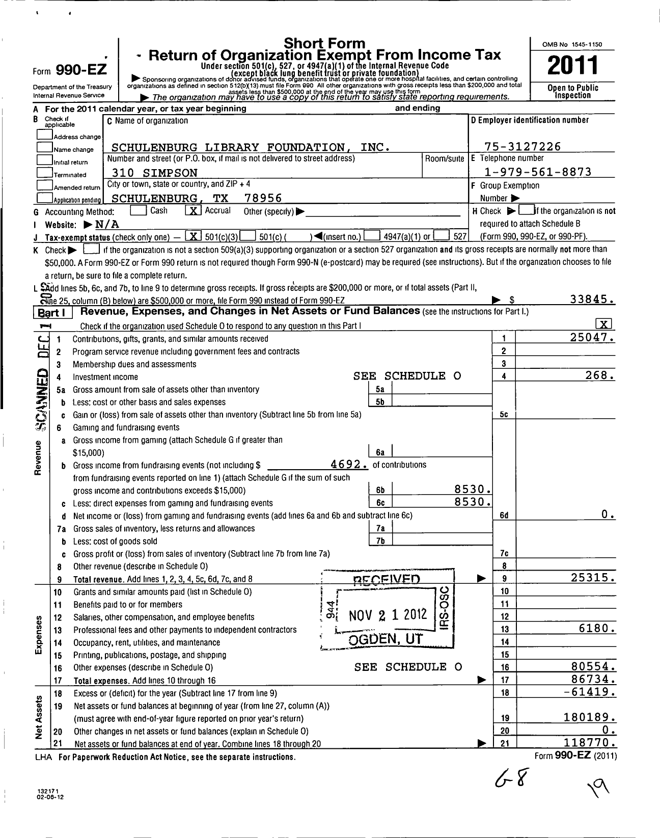 Image of first page of 2011 Form 990EZ for Schulenburg Library Foundation