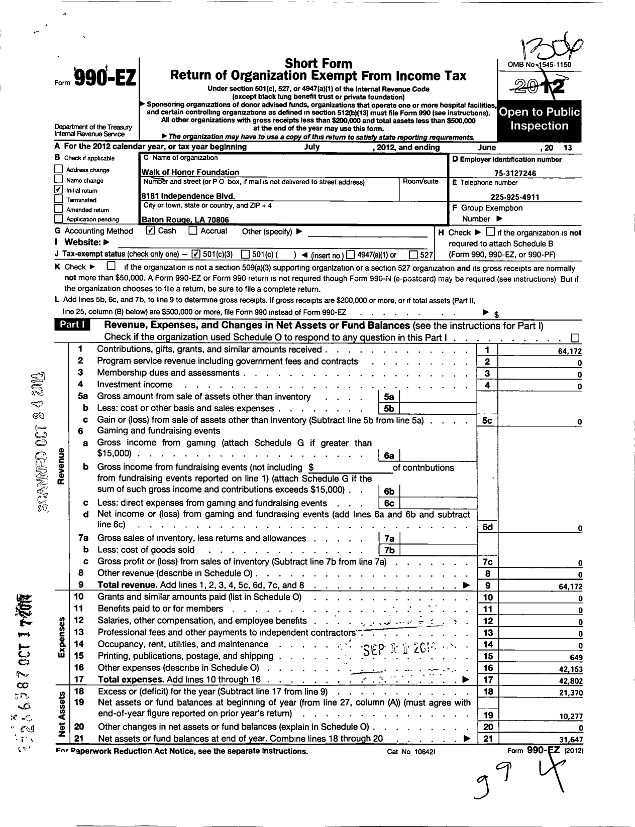 Image of first page of 2012 Form 990EZ for Walk of Honor Foundation