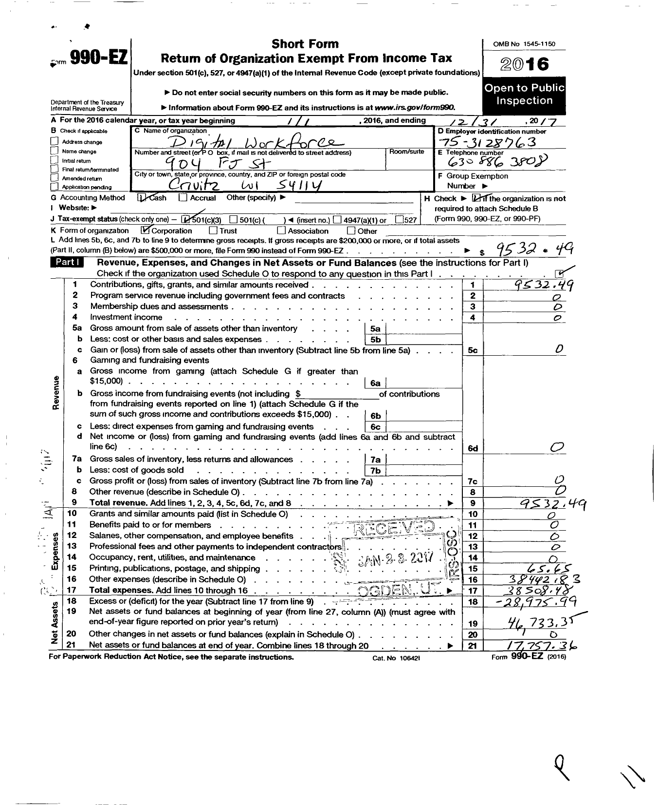 Image of first page of 2017 Form 990EZ for Digital Workforce