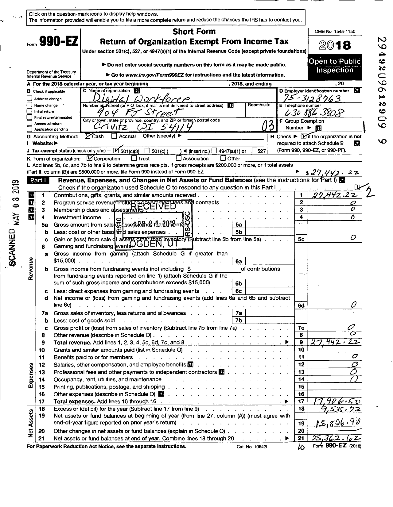 Image of first page of 2018 Form 990EZ for Digital Workforce