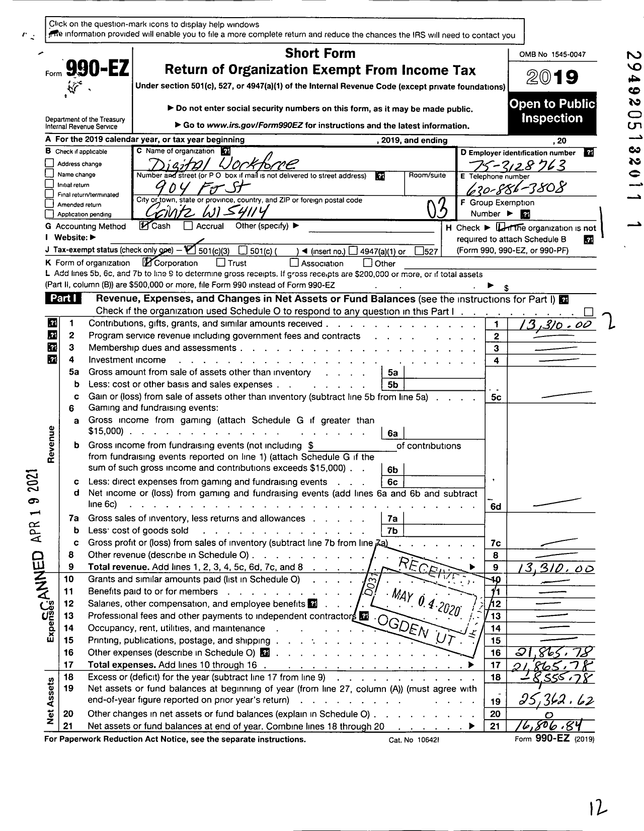 Image of first page of 2019 Form 990EZ for Digital Workforce