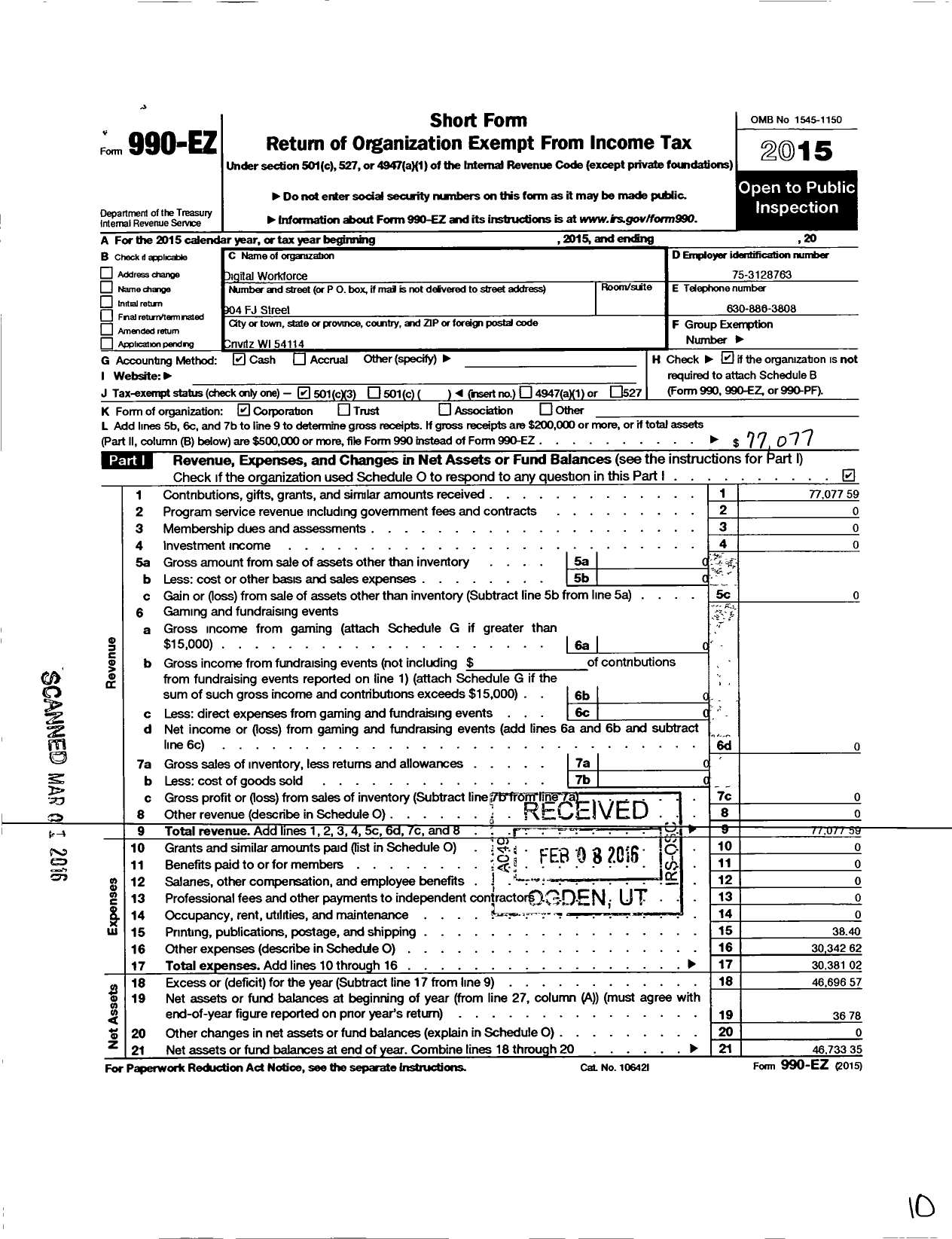 Image of first page of 2015 Form 990EZ for Digital Workforce