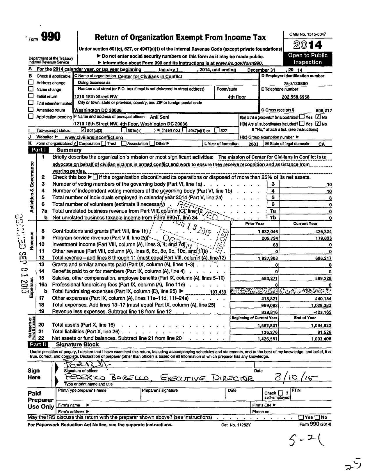 Image of first page of 2014 Form 990 for Center for Civilians in Conflict