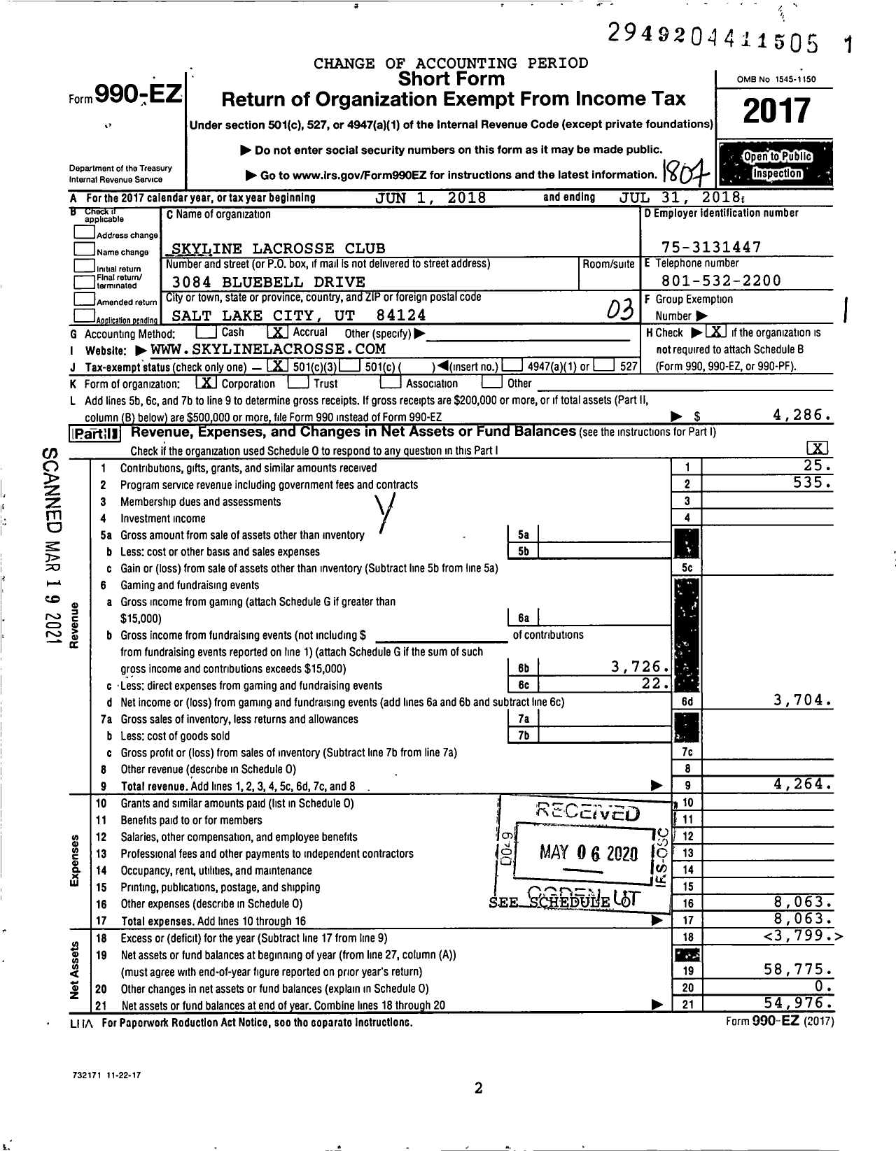 Image of first page of 2017 Form 990EZ for Skyline Men's Lacrosse CLUB