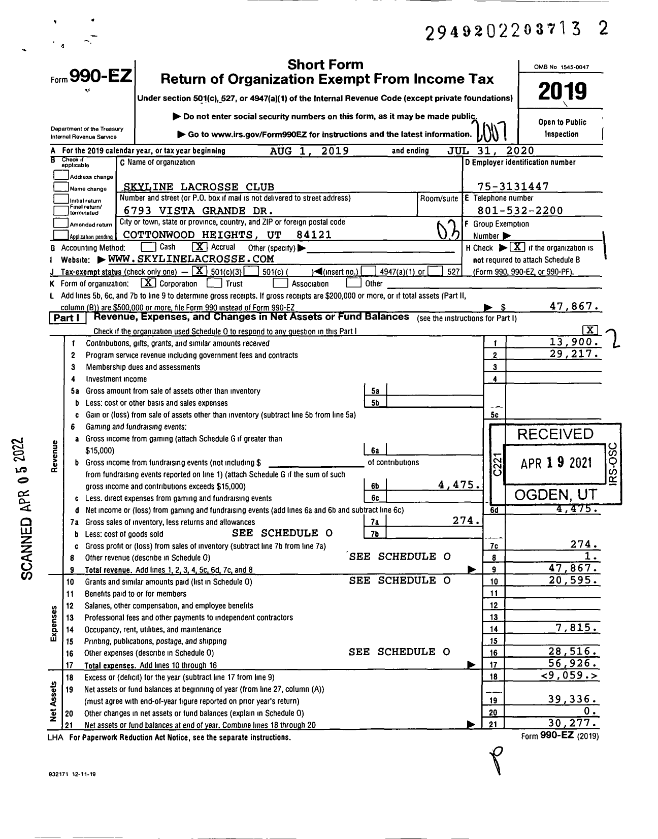 Image of first page of 2019 Form 990EZ for Skyline Men's Lacrosse CLUB