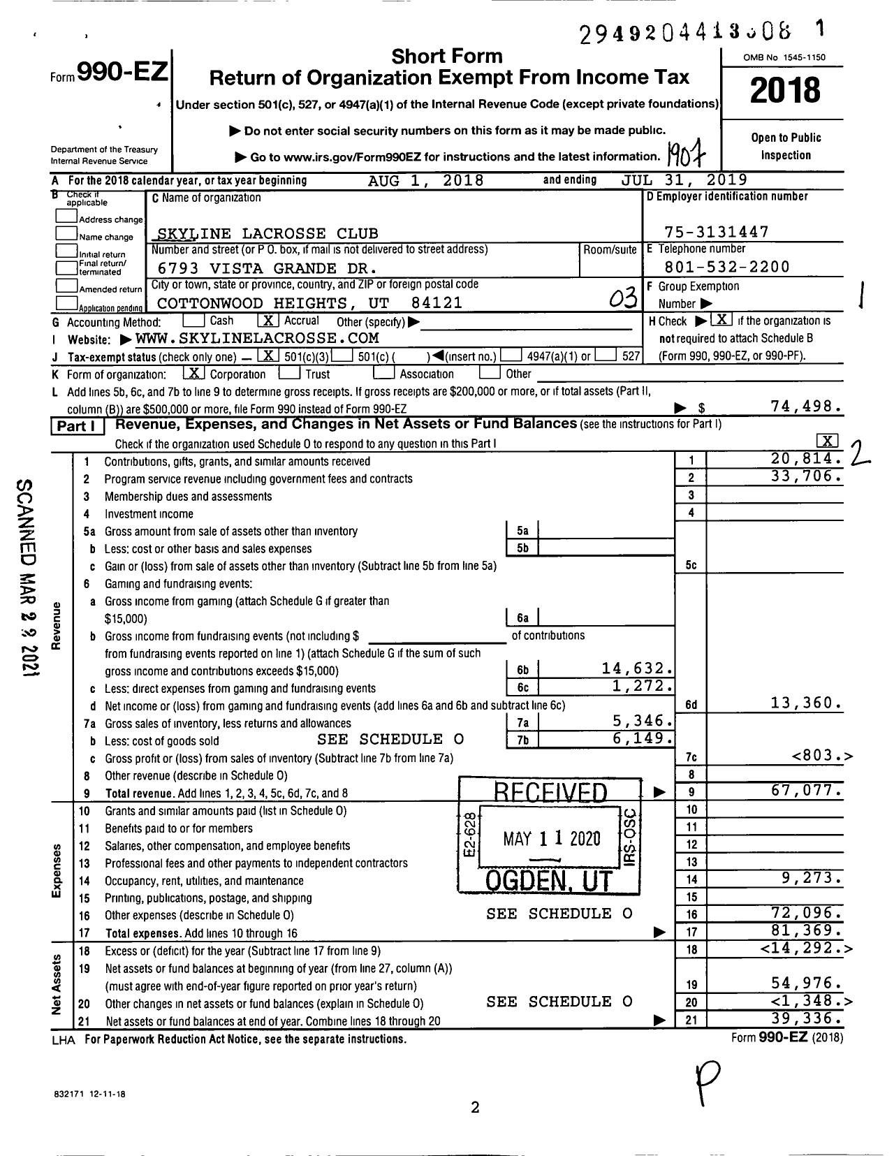 Image of first page of 2018 Form 990EZ for Skyline Men's Lacrosse CLUB