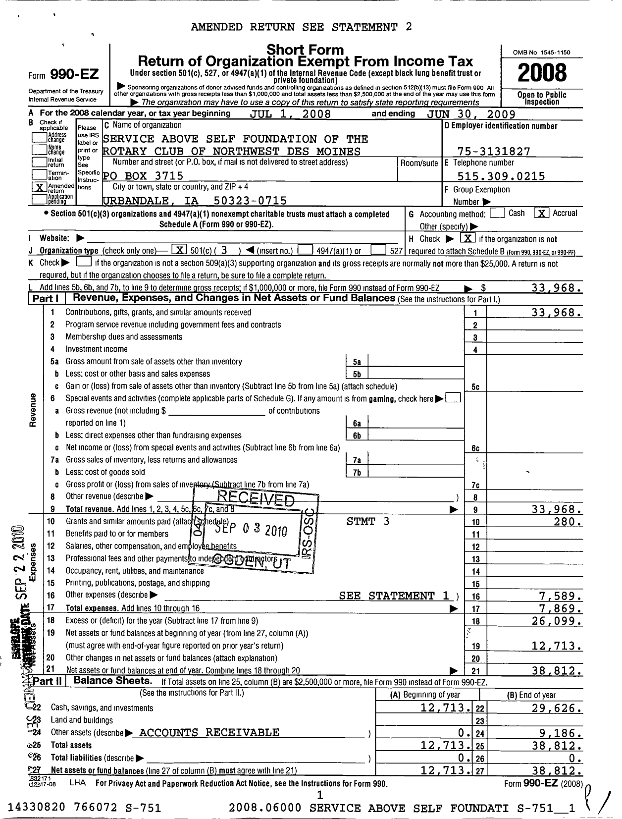 Image of first page of 2008 Form 990EZ for Service Above Self Foundation of the Rotary Club of Northwest Des Moines