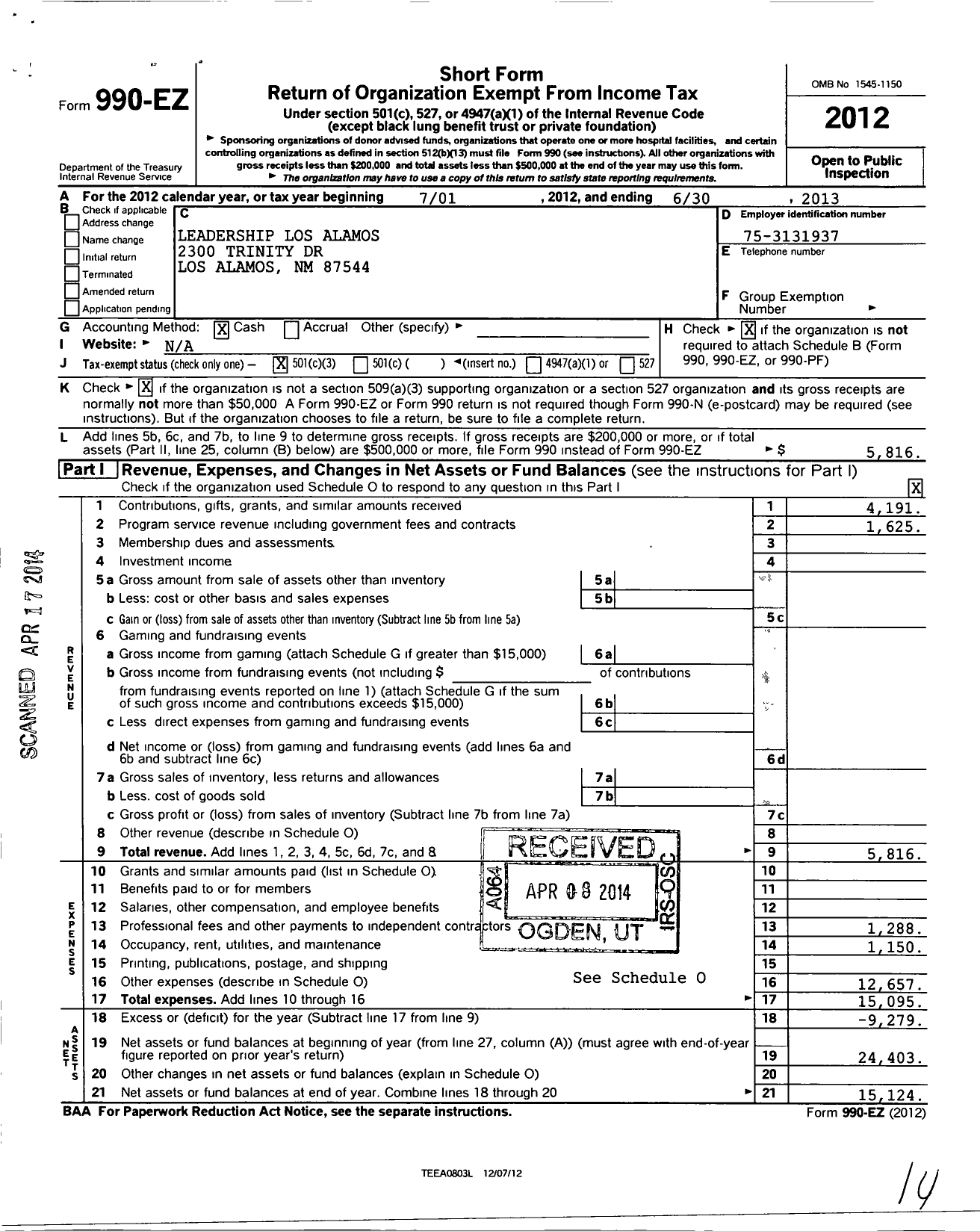 Image of first page of 2012 Form 990EZ for Leadership Los Alamos