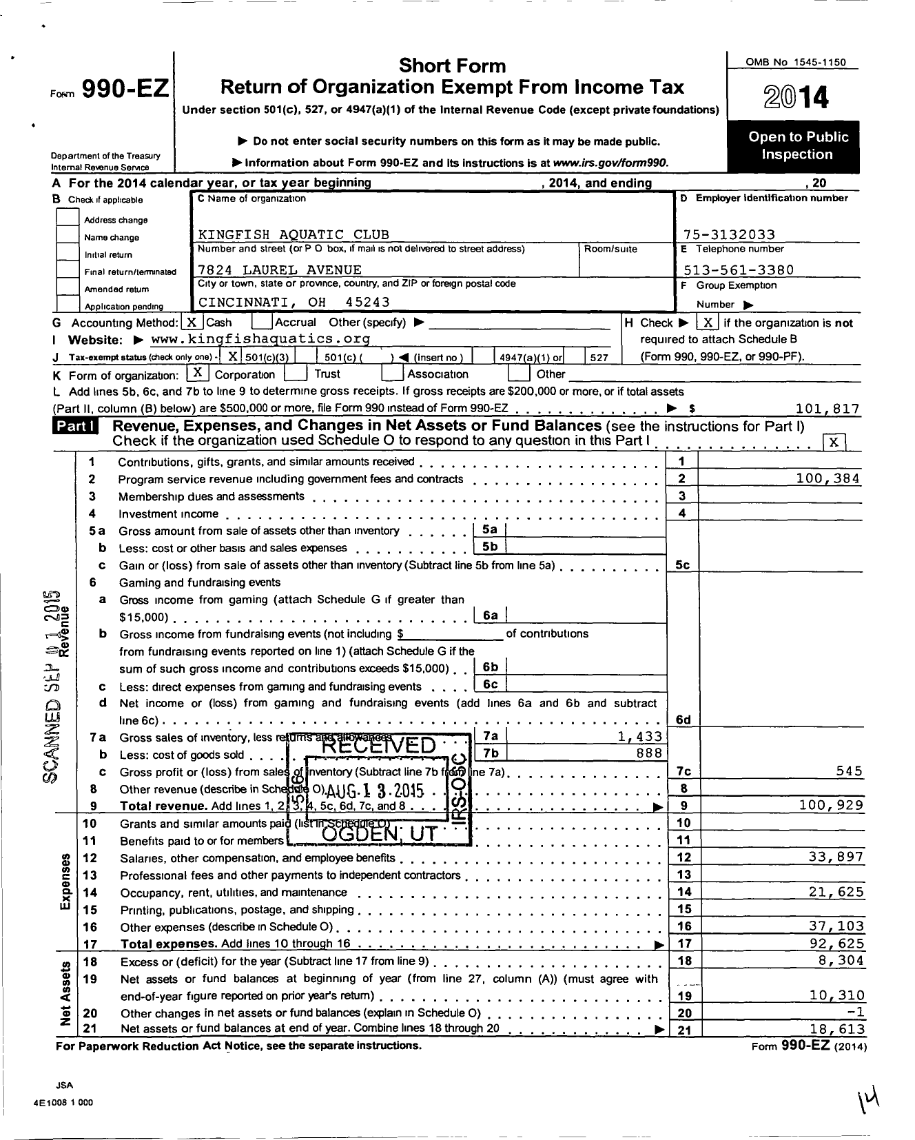 Image of first page of 2014 Form 990EZ for Kingfish Aquatic Club