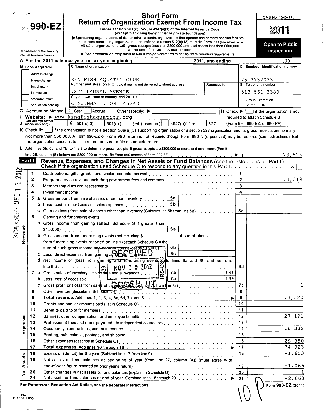 Image of first page of 2011 Form 990EZ for Kingfish Aquatic Club