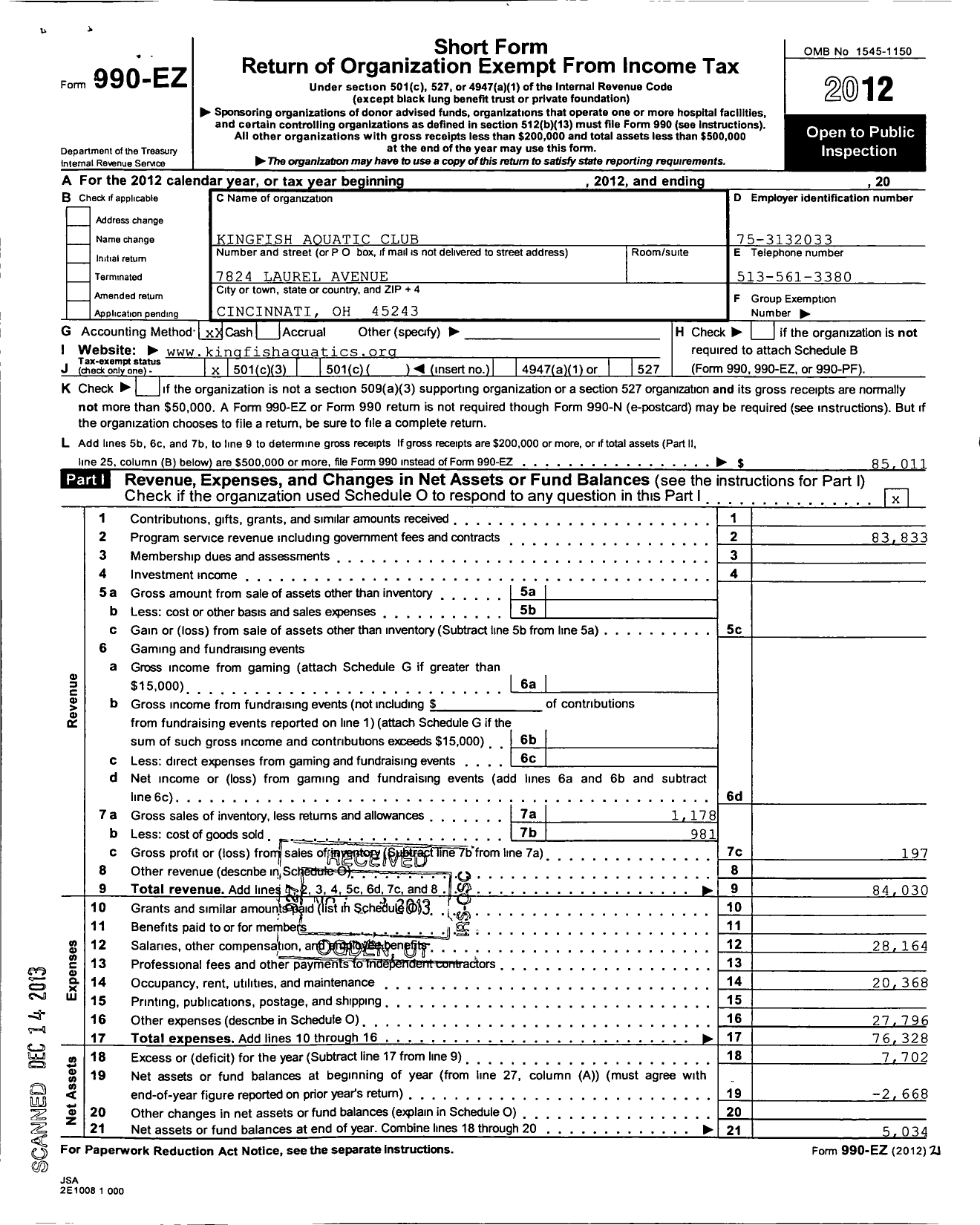 Image of first page of 2012 Form 990EZ for Kingfish Aquatic Club