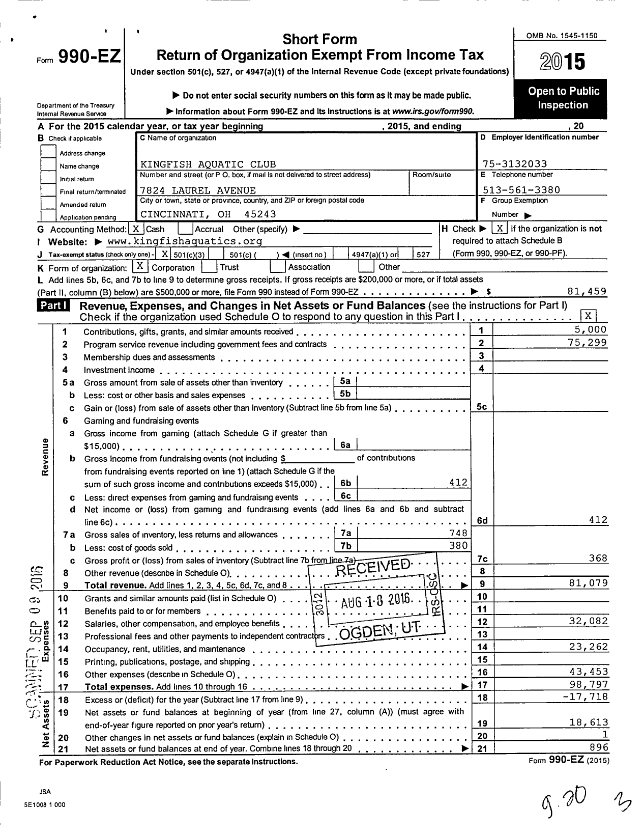 Image of first page of 2015 Form 990EZ for Kingfish Aquatic Club