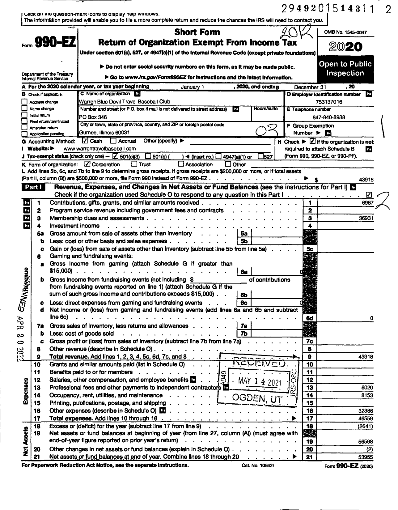 Image of first page of 2020 Form 990EZ for Warren Blue Devil Travel Baseball Club