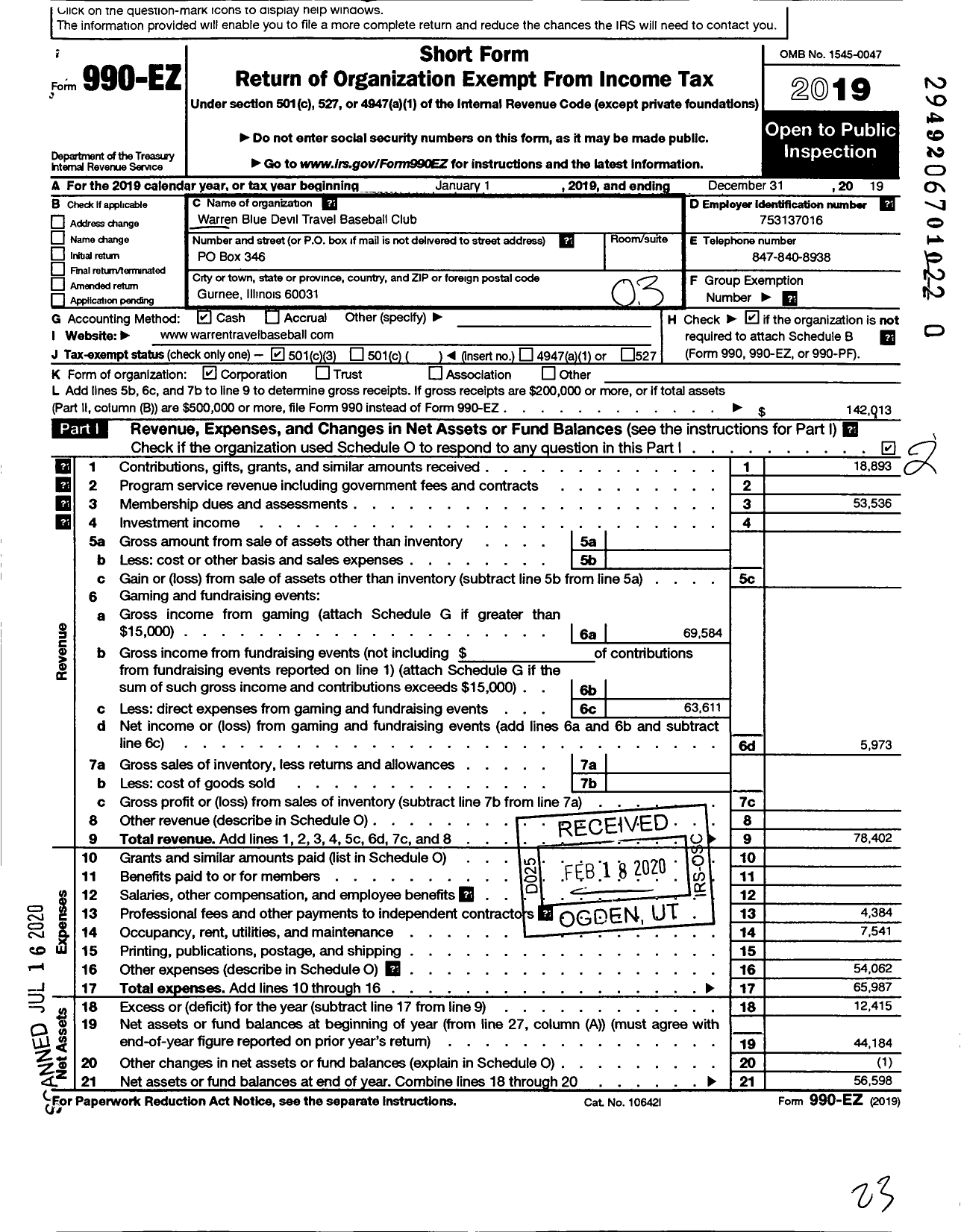 Image of first page of 2019 Form 990EZ for Warren Blue Devil Travel Baseball Club