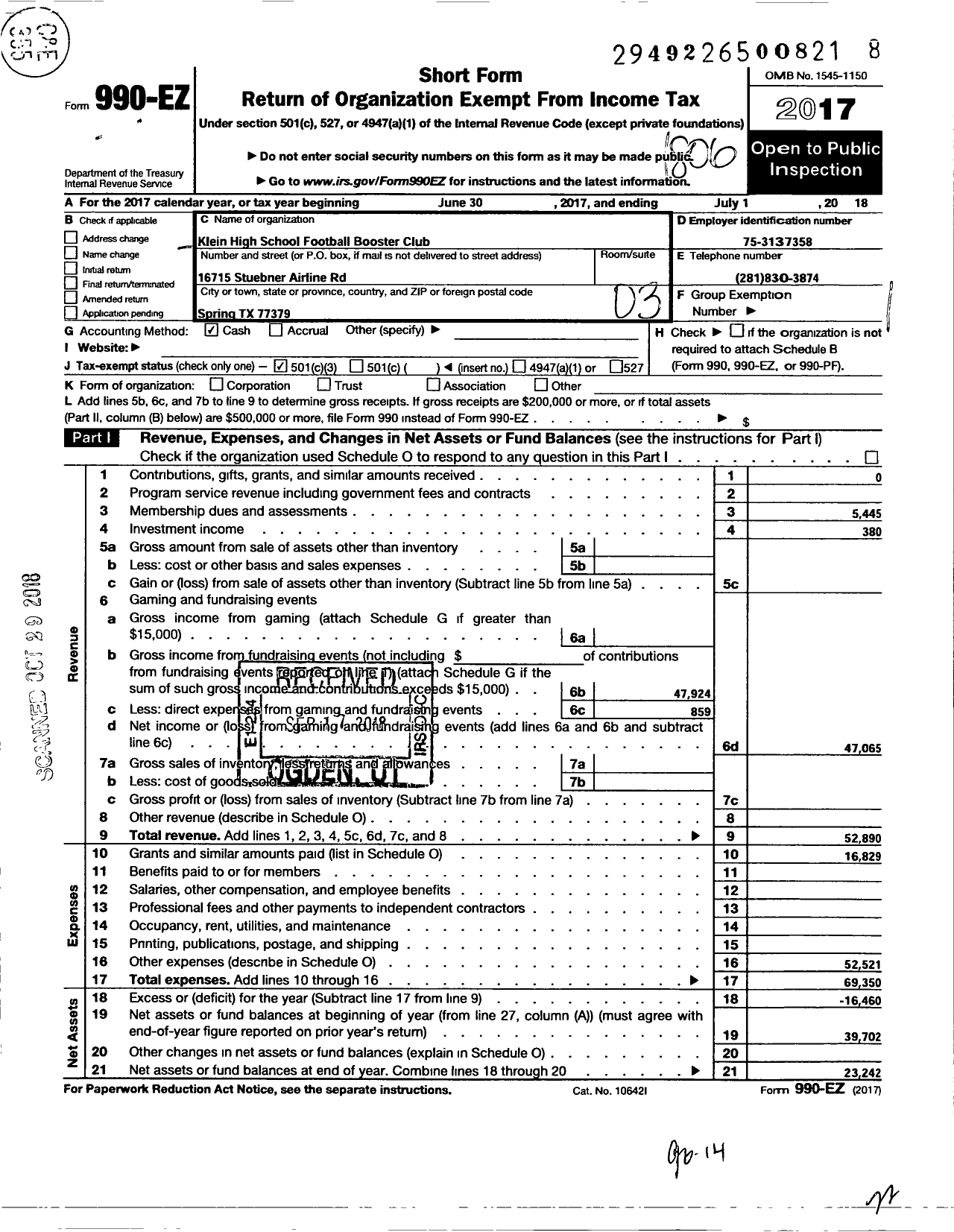 Image of first page of 2017 Form 990EZ for Klein Support Groups / KHS Football Booster Club Inc