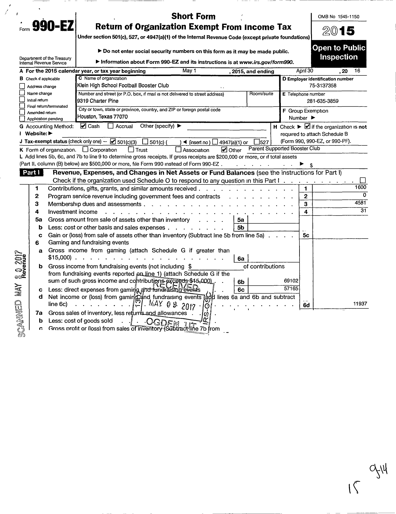 Image of first page of 2015 Form 990EZ for Klein Support Groups / KHS Football Booster Club Inc