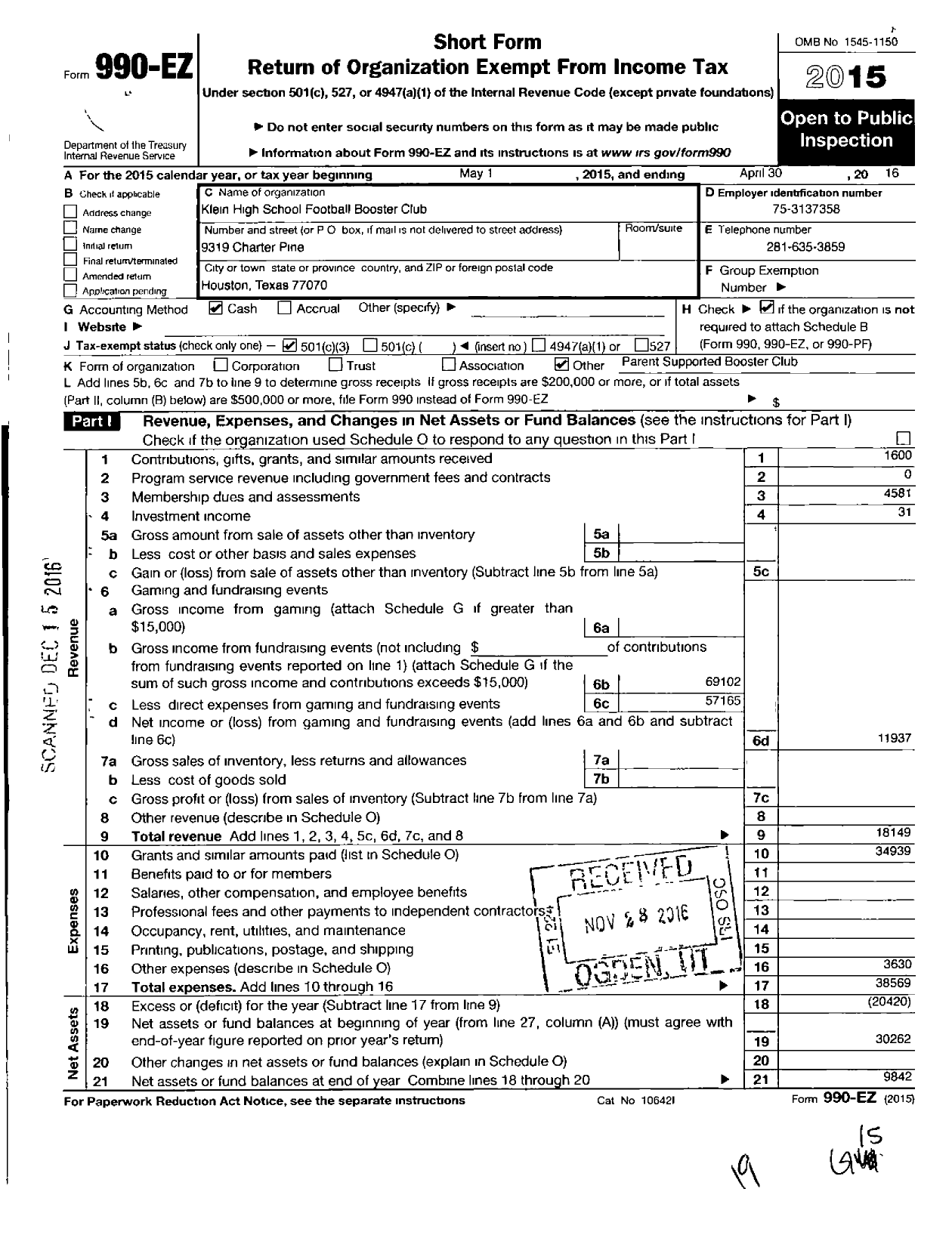 Image of first page of 2015 Form 990EZ for Klein Support Groups / KHS Football Booster Club Inc