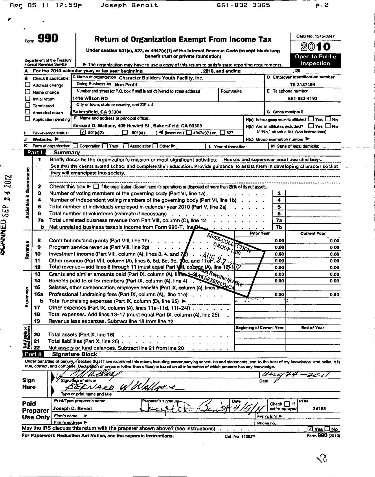 Image of first page of 2010 Form 990 for Character Builders Youth Facility