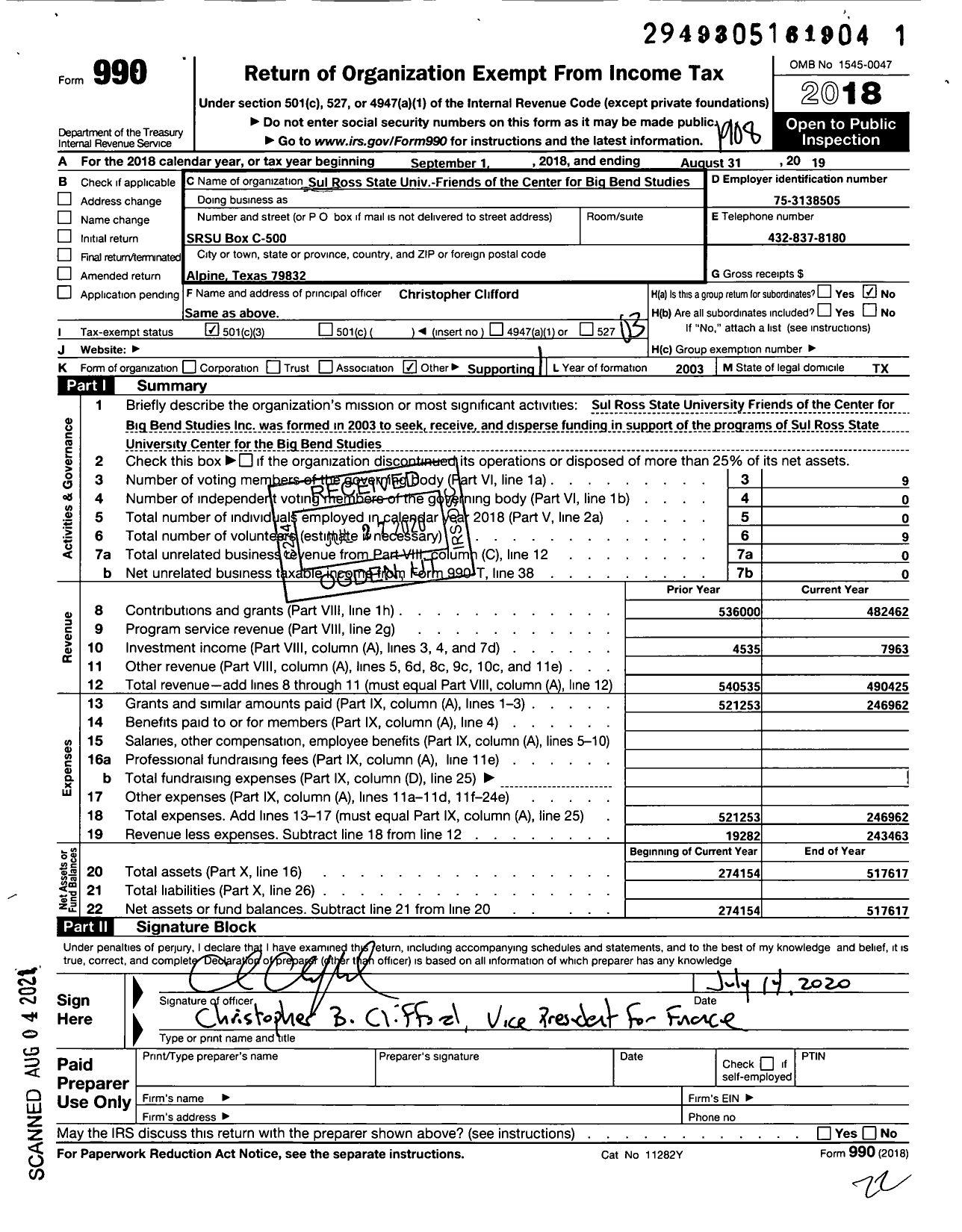 Image of first page of 2018 Form 990 for Sul Ross State University Friends of the Center for Big Bend Studies