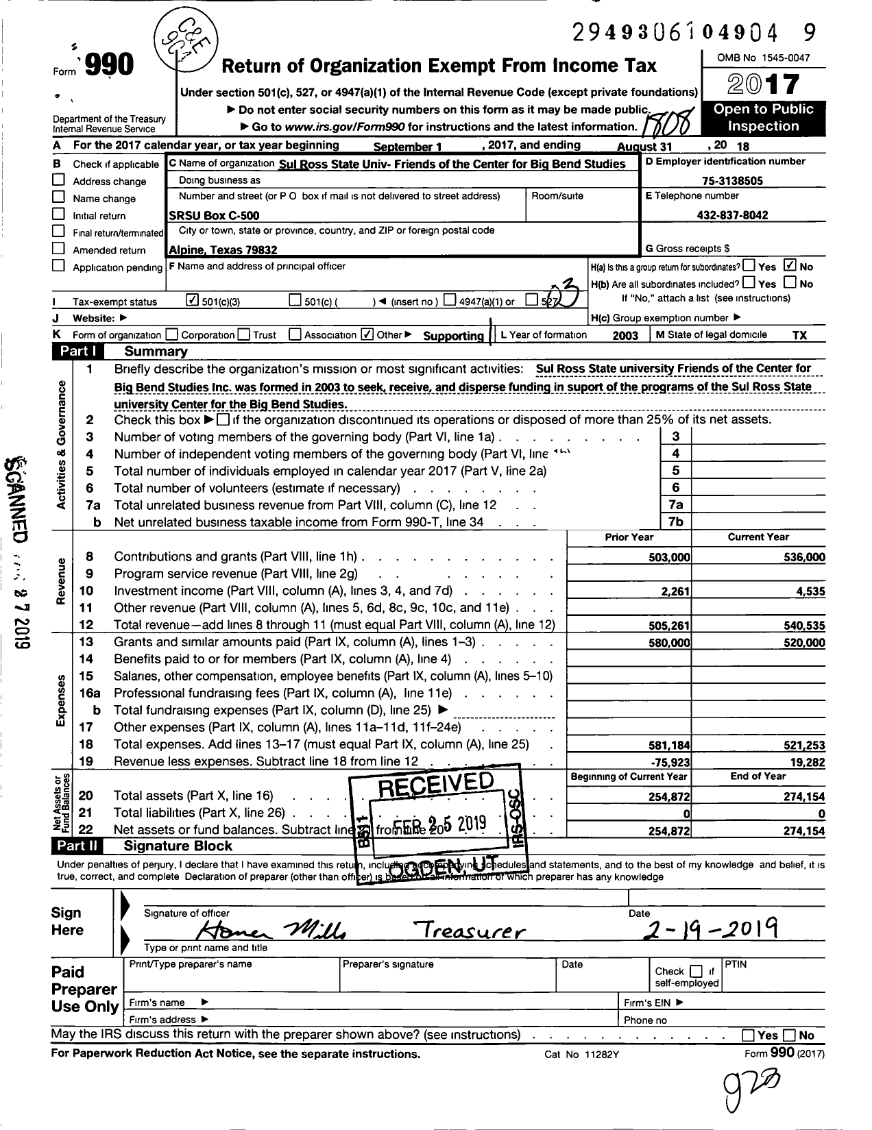 Image of first page of 2017 Form 990 for Sul Ross State University Friends of the Center for Big Bend Studies