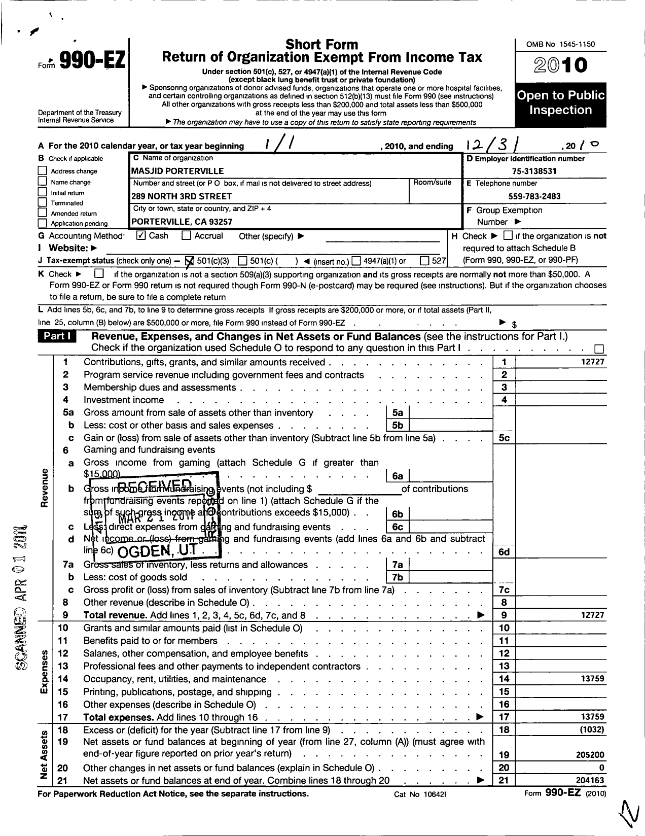 Image of first page of 2010 Form 990EZ for Masjid Porterville