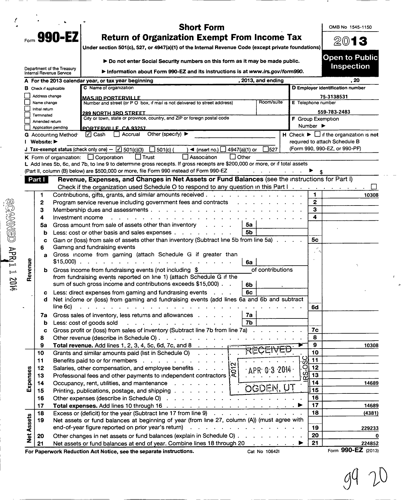 Image of first page of 2013 Form 990EZ for Masjid Porterville