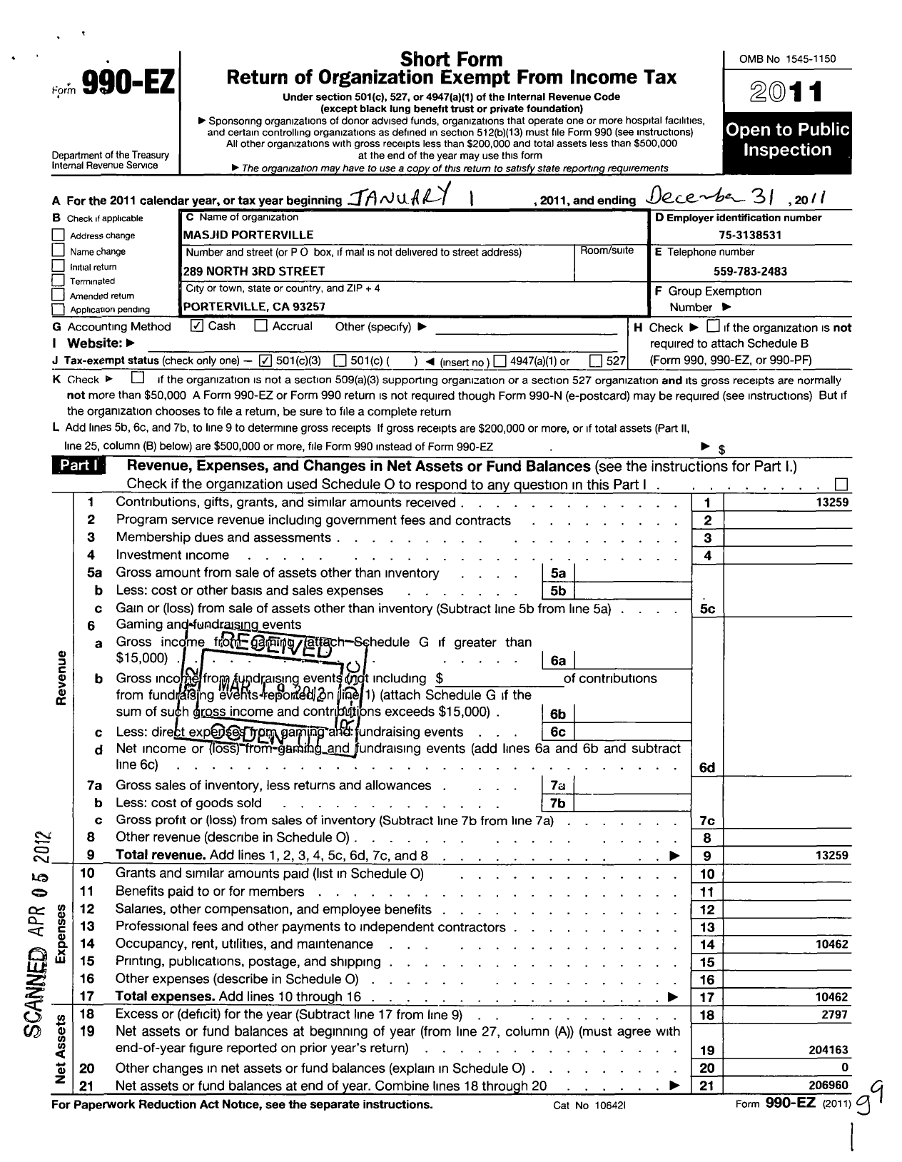 Image of first page of 2011 Form 990EZ for Masjid Porterville