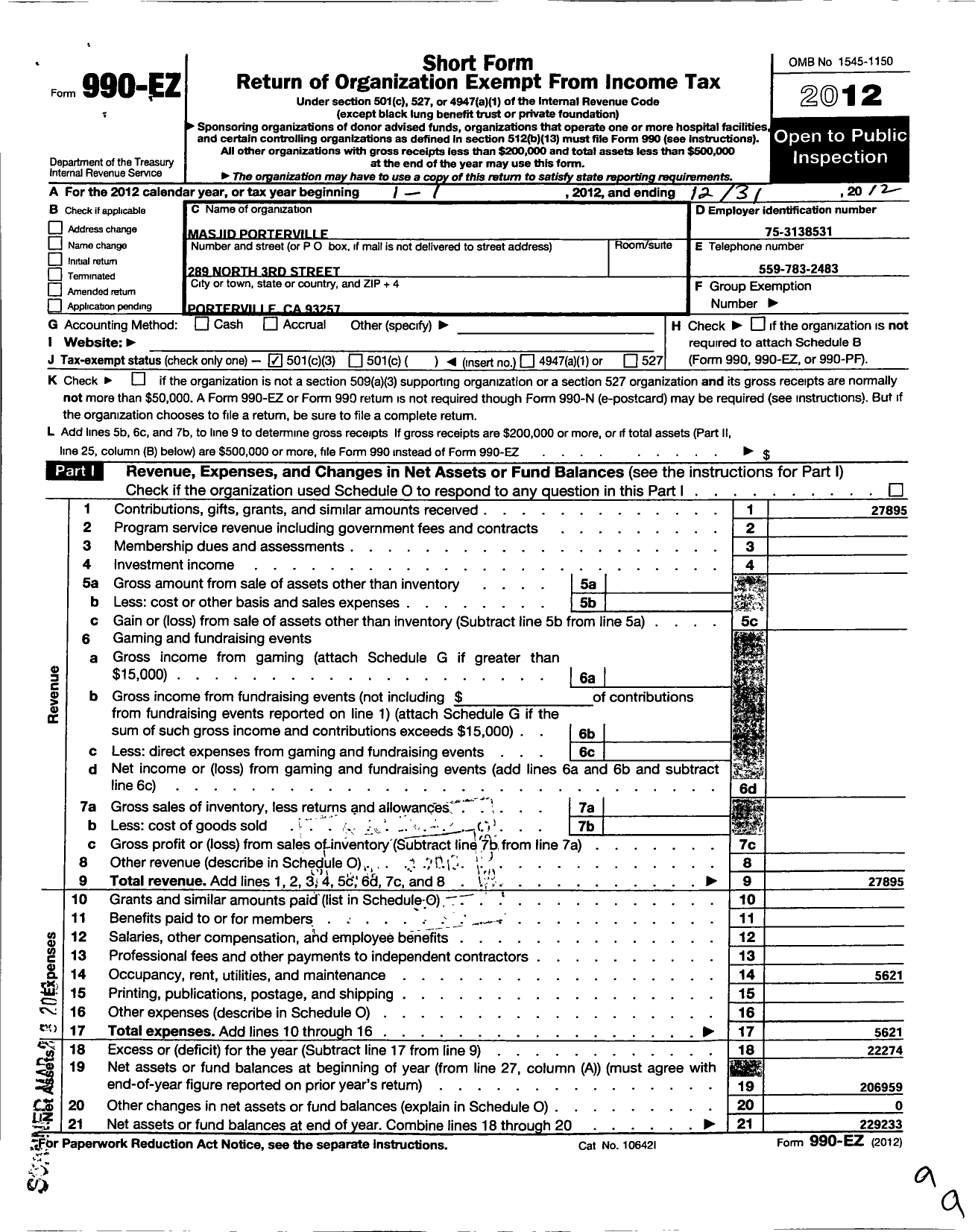 Image of first page of 2012 Form 990EZ for Masjid Porterville