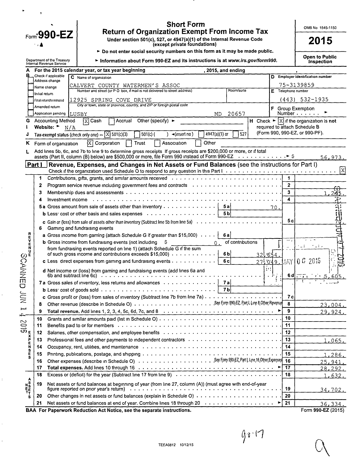 Image of first page of 2015 Form 990EZ for Calvert County Watermens Association