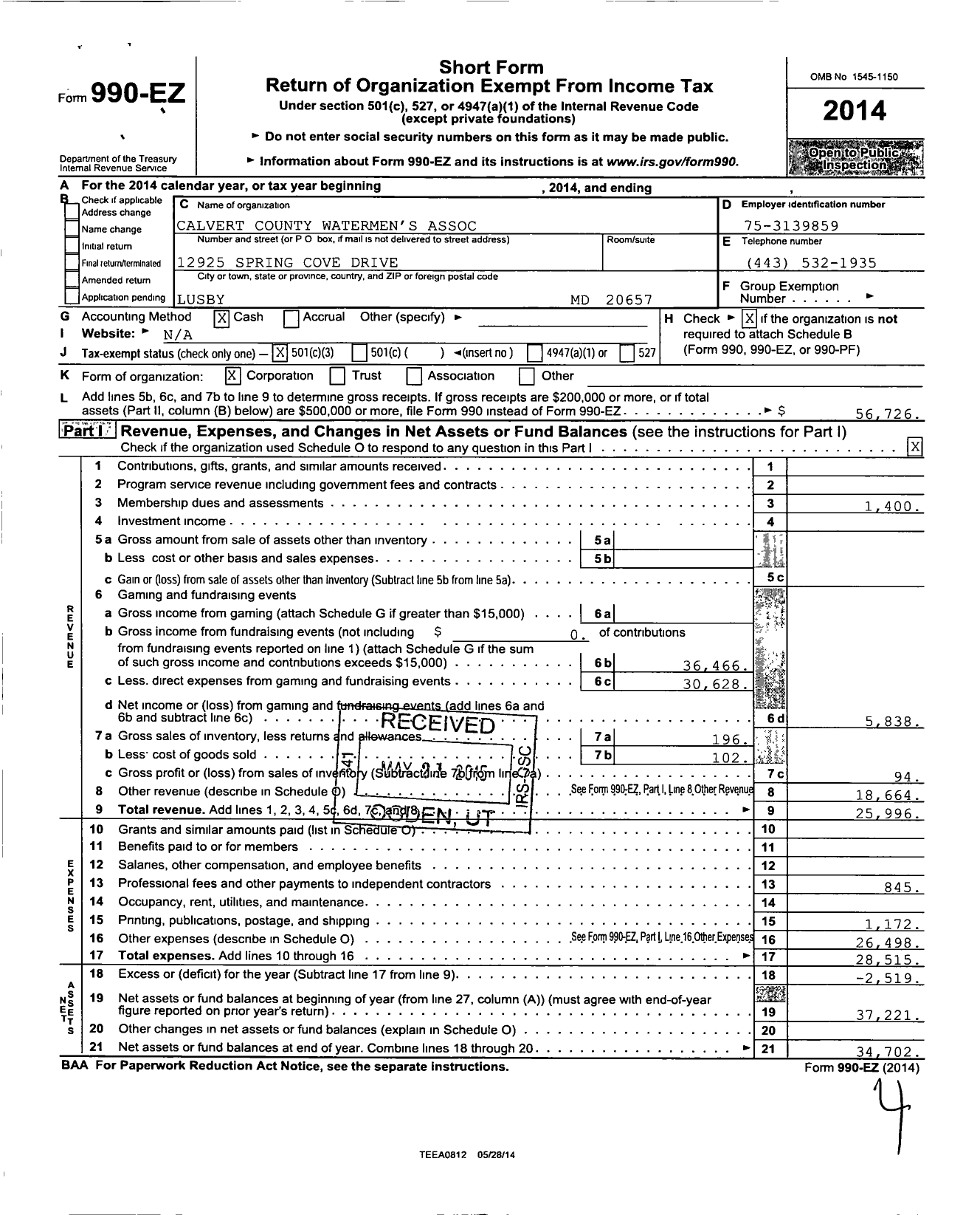 Image of first page of 2014 Form 990EZ for Calvert County Watermens Association