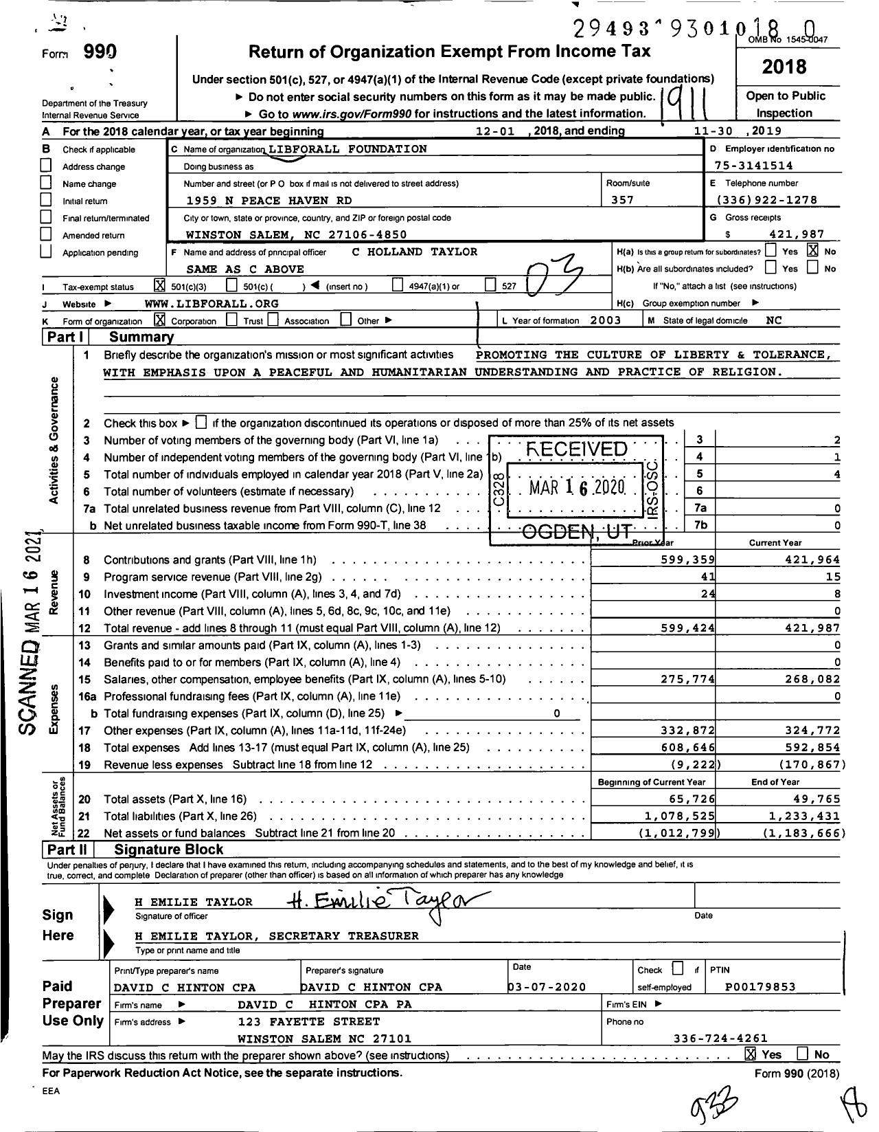 Image of first page of 2018 Form 990 for Libforall Foundation