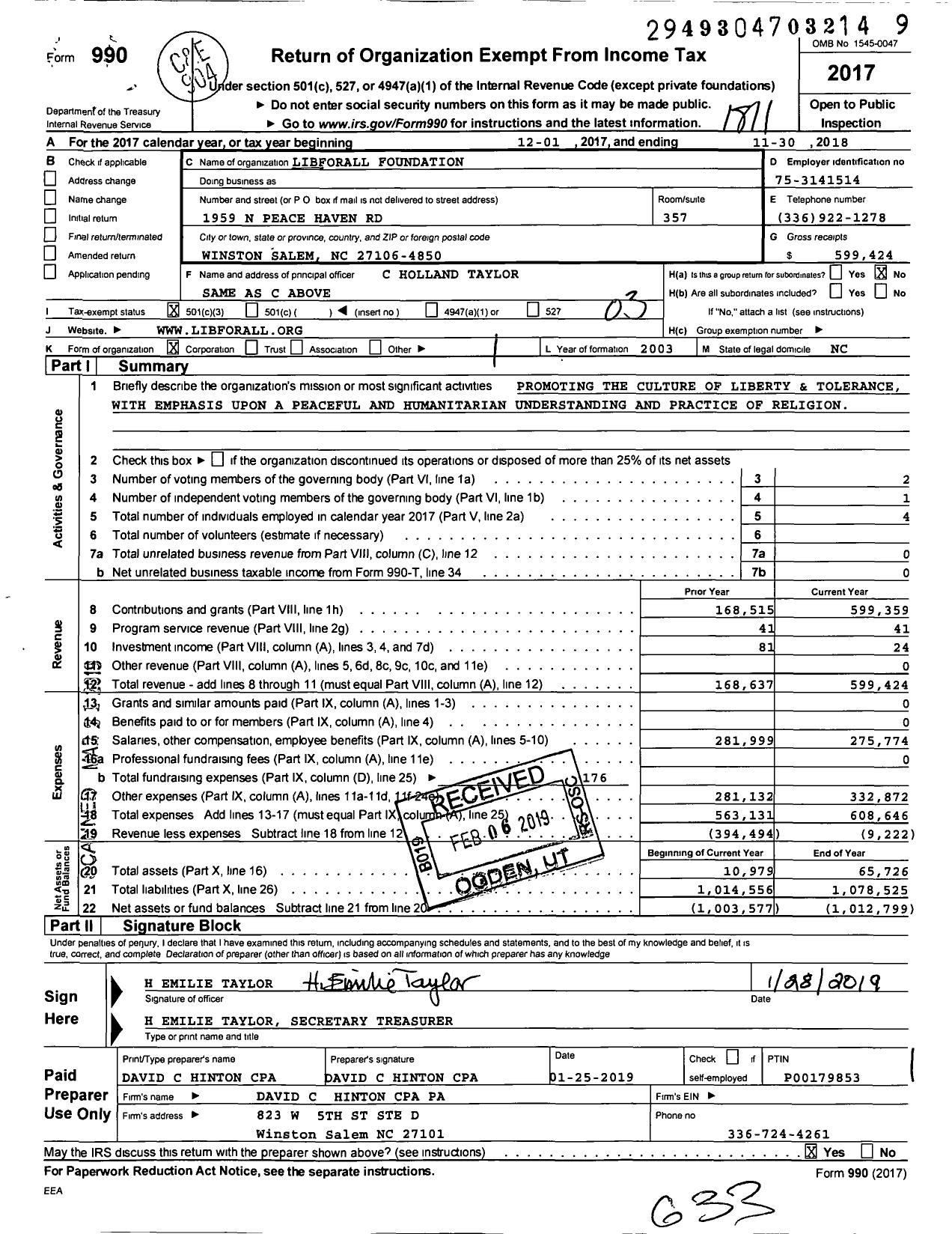 Image of first page of 2017 Form 990 for Libforall Foundation