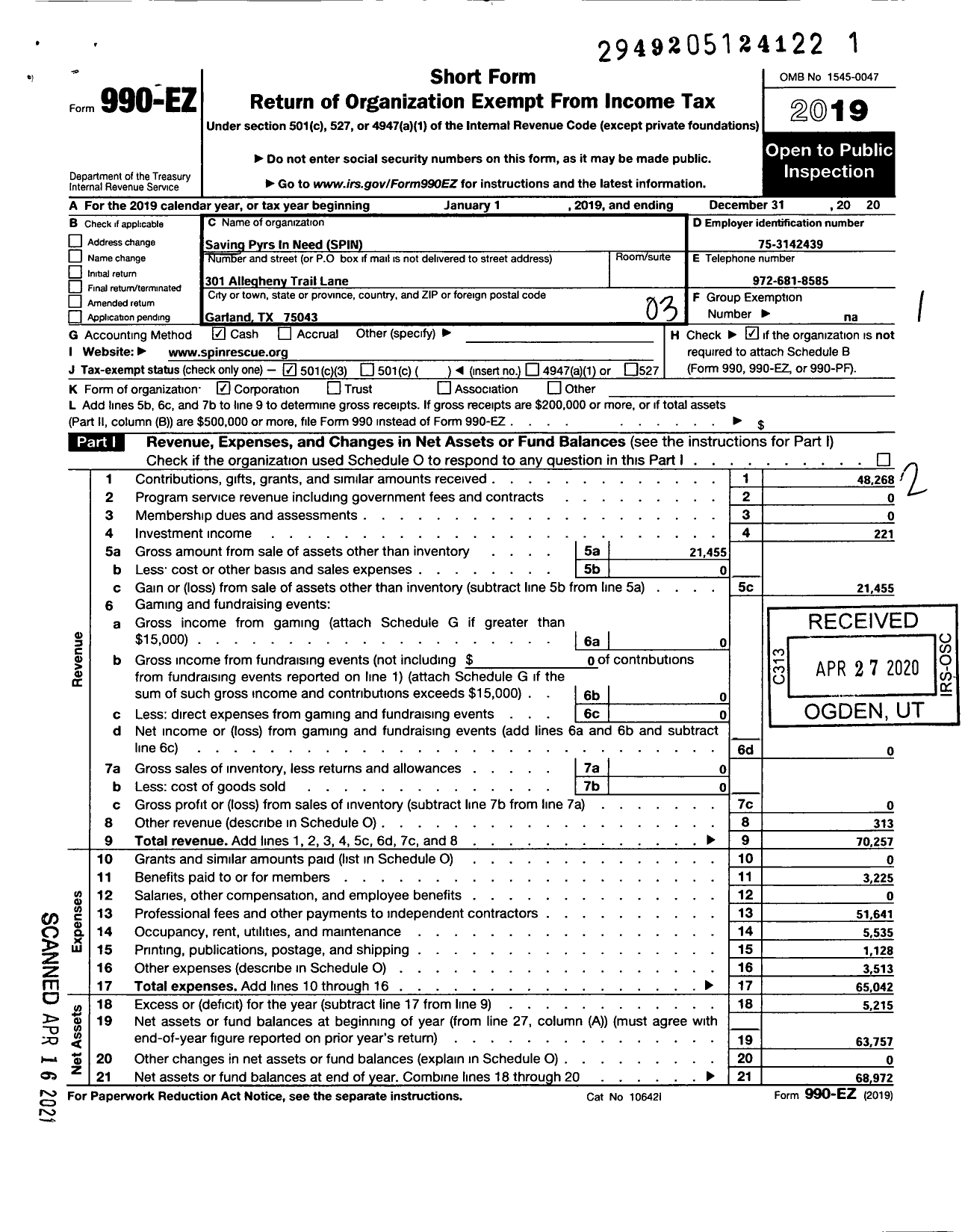 Image of first page of 2019 Form 990EZ for Saving Pyrs in Need