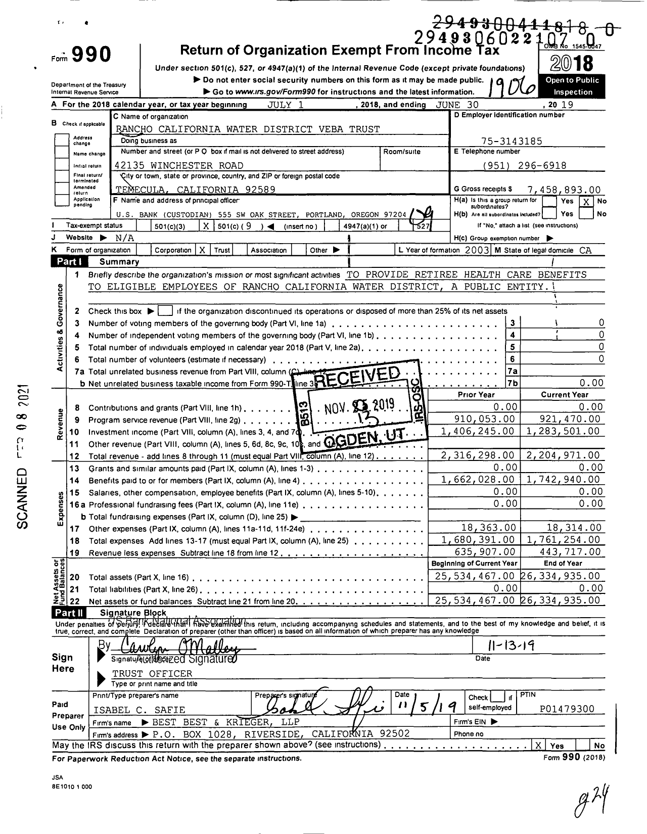 Image of first page of 2018 Form 990O for Rancho California Water District Veba Trust