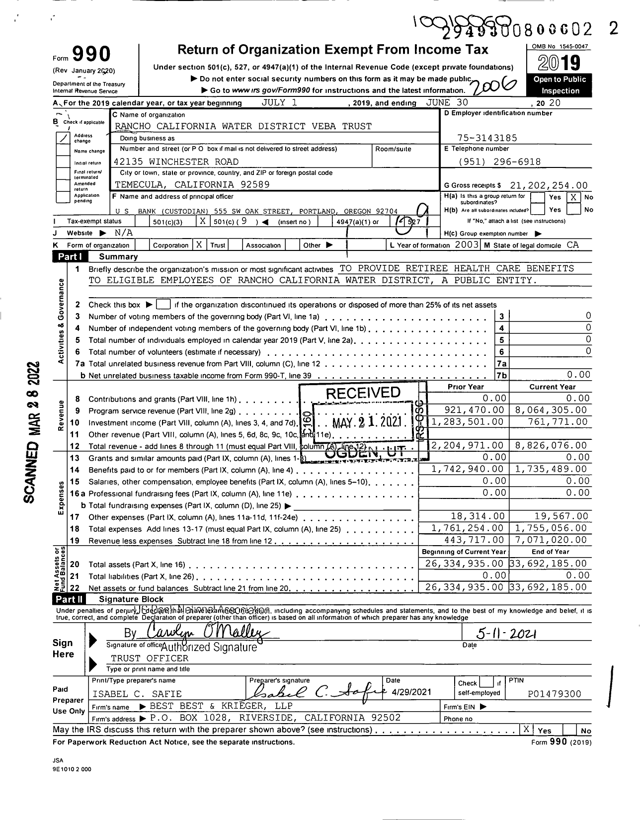 Image of first page of 2019 Form 990O for Rancho California Water District Veba Trust