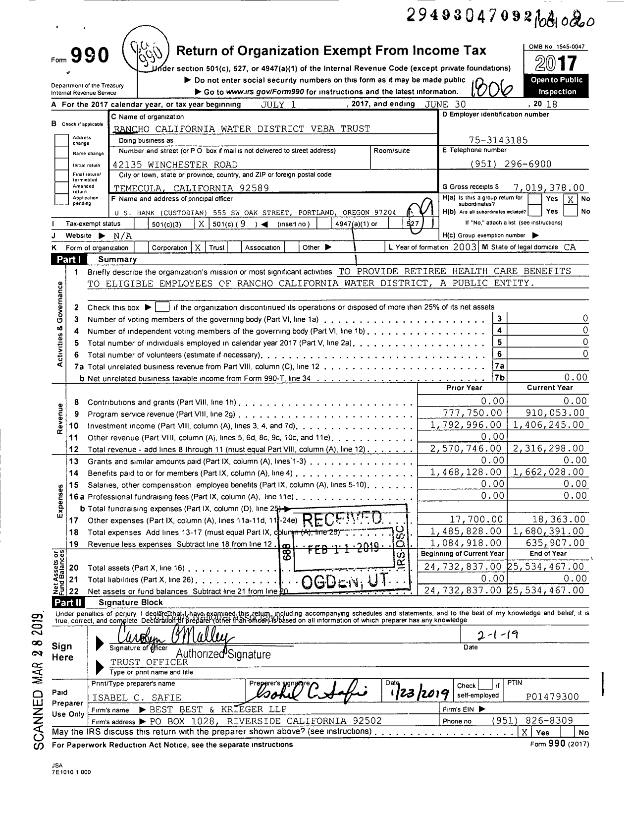 Image of first page of 2017 Form 990O for Rancho California Water District Veba Trust