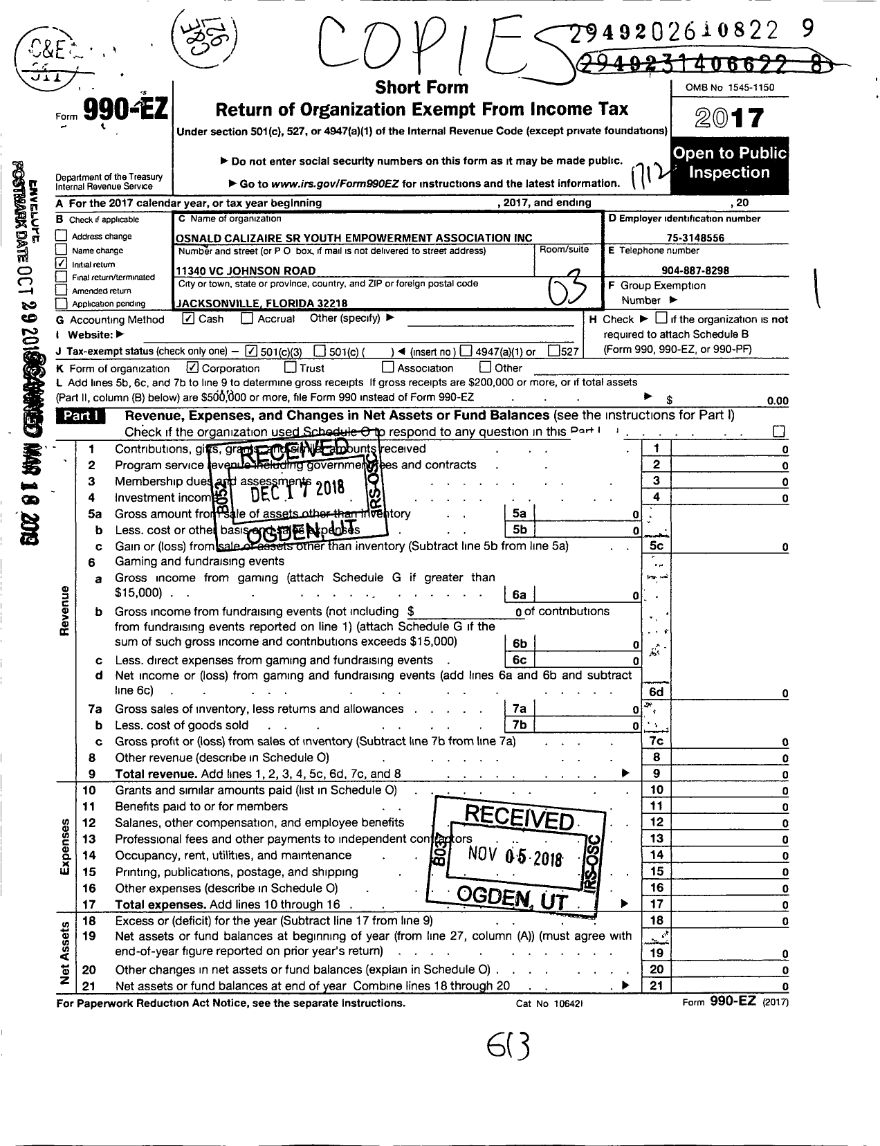 Image of first page of 2017 Form 990EZ for Osnald Calizaire SR Youth Empowerment Association