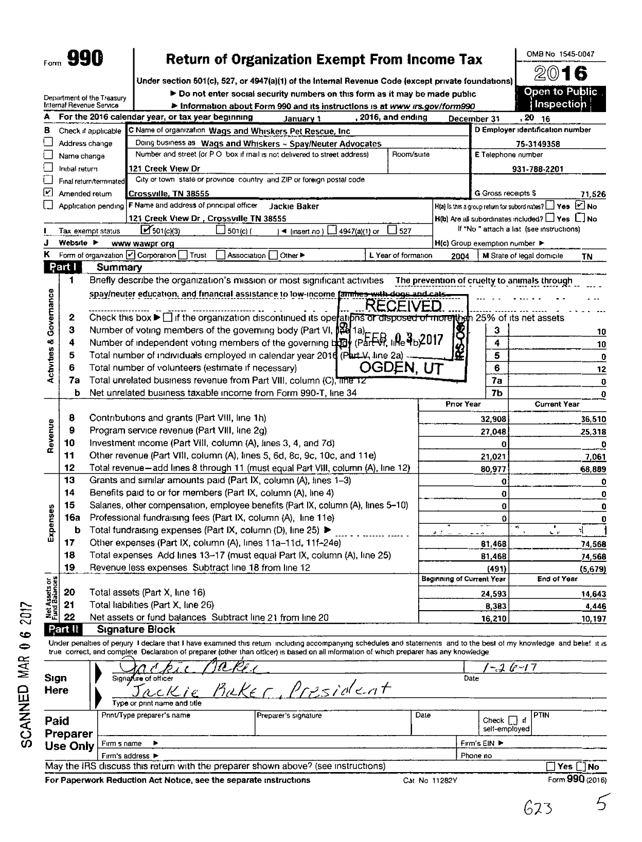 Image of first page of 2016 Form 990 for Wags and Whiskers Pet Rescue