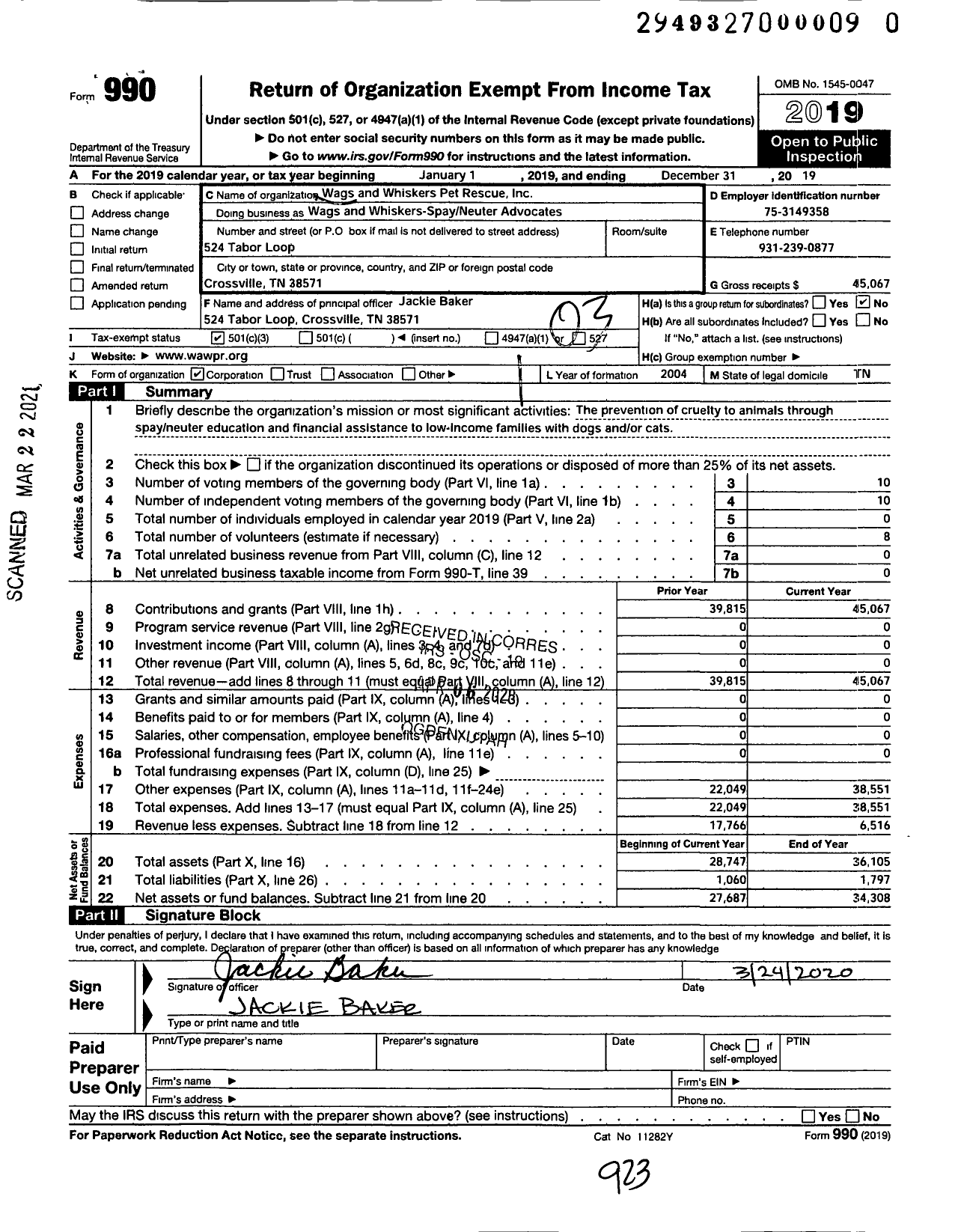 Image of first page of 2019 Form 990 for Wags and Whiskers Pet Rescue